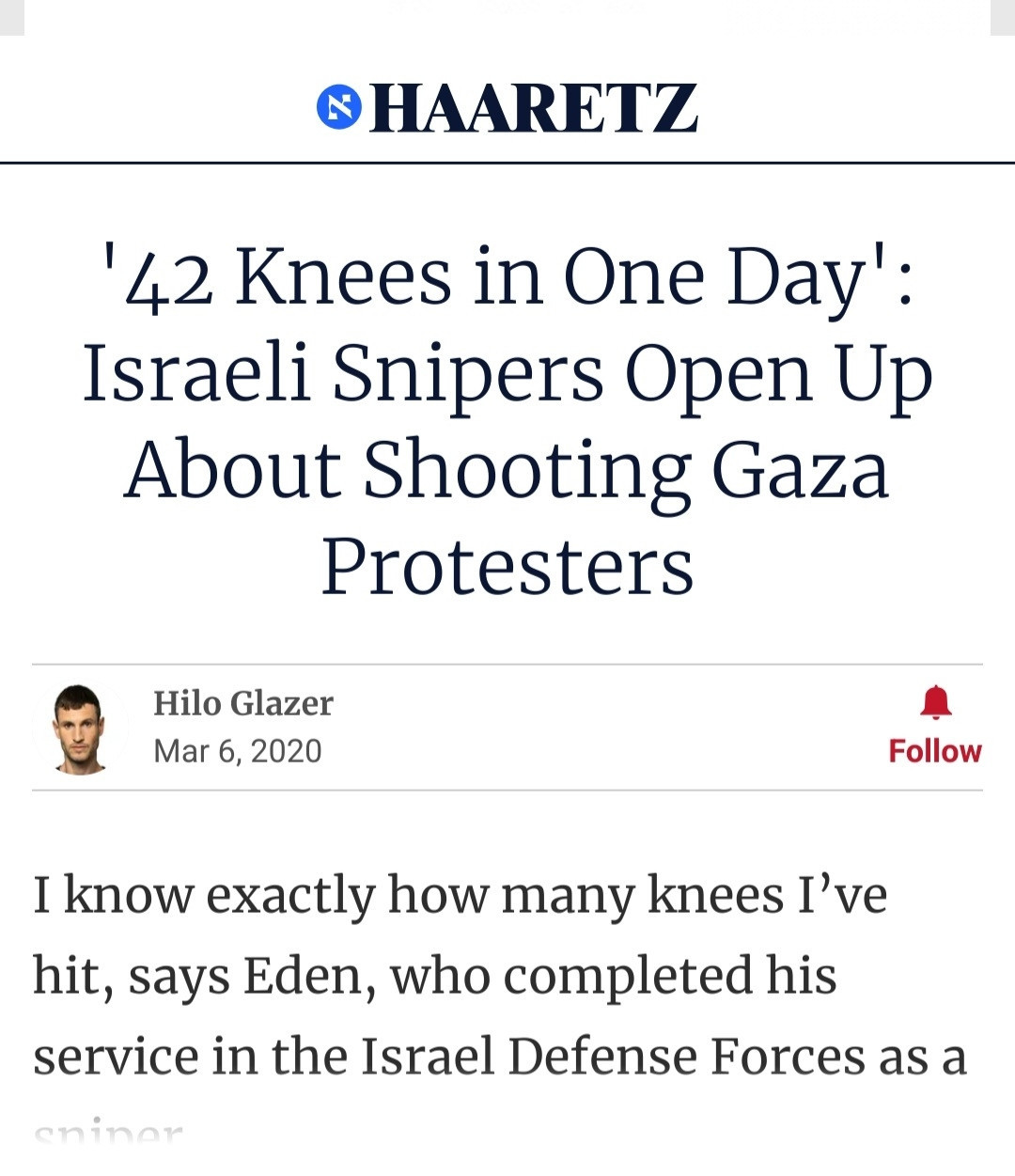 HAARETZ
'42 knees in one day'
Israeli snipers open up about shooting Gaza protestors