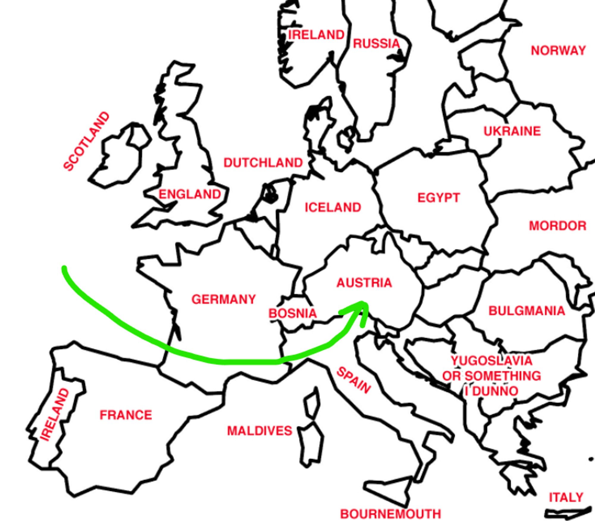 an outline map of Western Europe with all the countries labelled wrongly, a green arrow pointing to Austria, which is more or less in the right place but has the outline of Australia