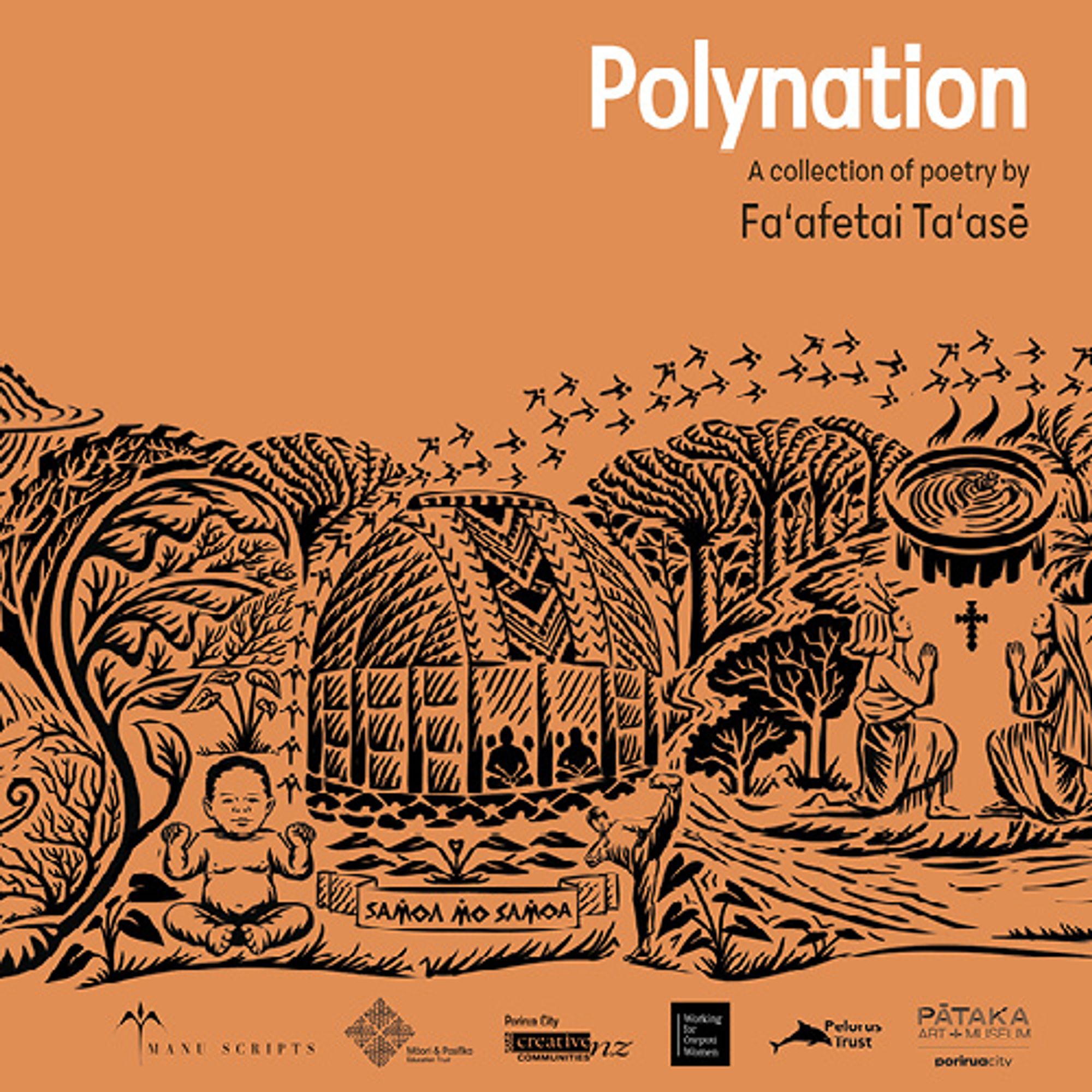 Cover graphic of the cover of Polynation - a rich rusty brown with white title and beautiful detailed illustration by Sam Sakaria running across the width. Funder and partner logos across the bottom.