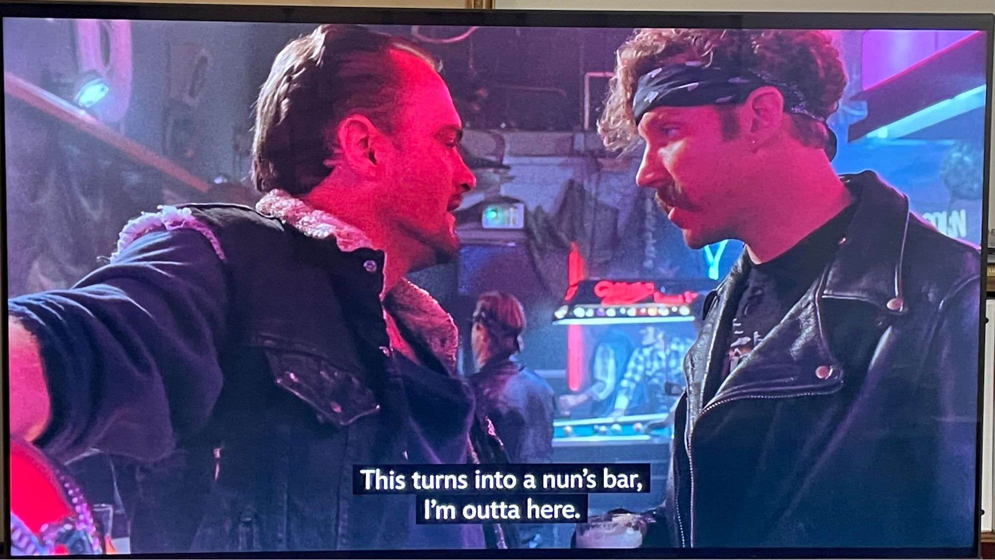 Two "tough guys" in the movie Sister Act standing next to a juke box in a bar. One says to the other,

"This turns into a nun's bar, I'm outta here."