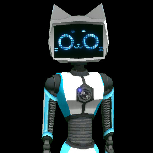 a blue and white cat robot with an led screen face