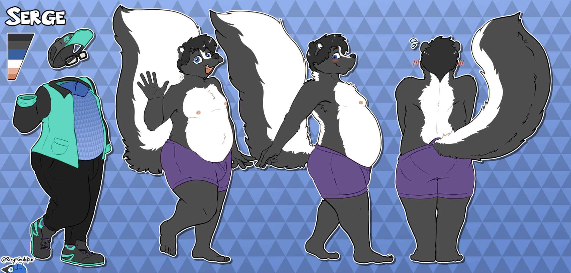 A reference sheet for a chubby skunk character with front, side and rear profiles, as well as their usual outfit.