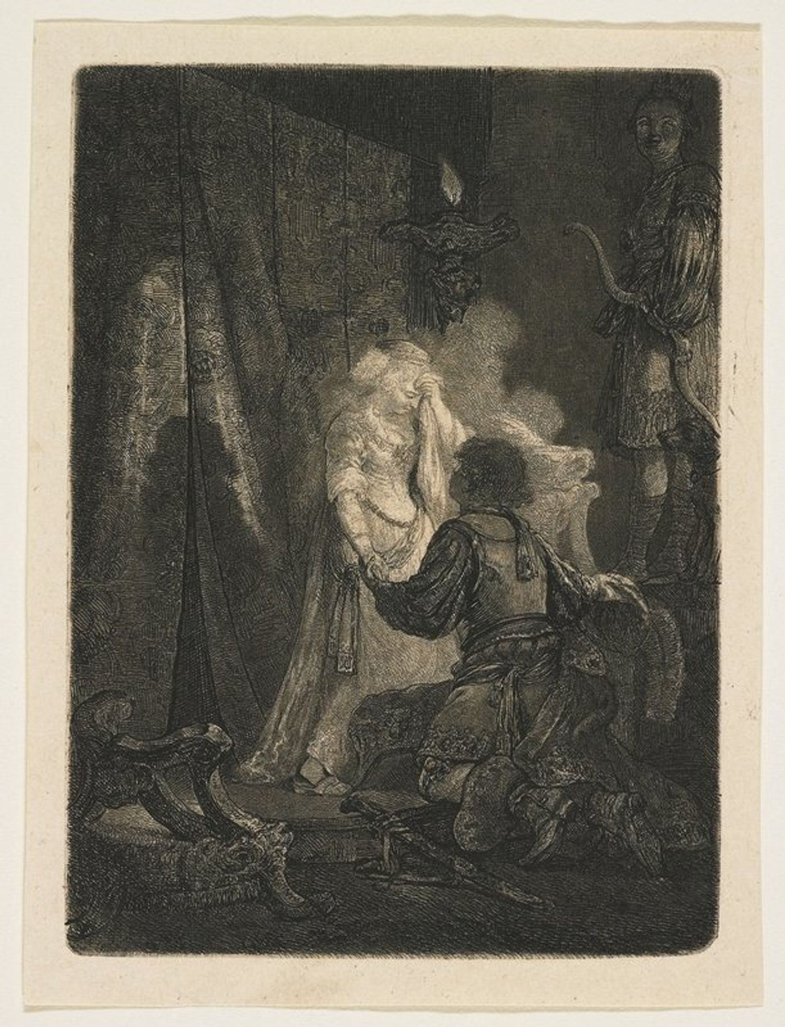 (with statue of Diana)
Jean-Pierre Norblin de la Gourdaine was a French painter and printmaker active in Poland in the late 18th century. Norblin's charming miniature etchings, representing mostly male heads, street sellers, and vagabonds, reflect both in subject and technique the profound influence of Rembrandt's prints. Norblin was also drawn to Polish subjects, capturing the unfamiliar, exotic world around him in his depictions of men with colossal fur hats and curled moustaches, Cossacks, and Polish historical figures.