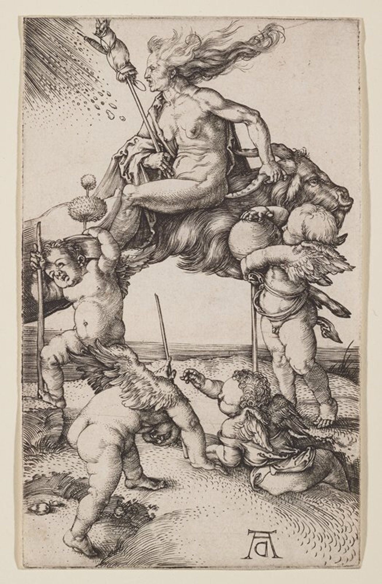 nude woman with long hair blowing in the wind seated backwards on a goat, holding onto its PR horn with her PL hand; woman holds a broom (?) in her PR hand; four putti with wings in foreground, holding sticks, a ball and a small topiary; rain/snow falling from sky, ULC
As a leader of the Renaissance in Germany, Albrecht Dürer often brought a scientific and mathematical mindset to his art. Yet, dark and mysterious forces also stoked his imagination. In this engraving, a witch rides backwards on a flying goat, while putti cavort below. One of these capricious baby angels struggles to retain control of the unstable sphere of fate which can roll or bounce in unpredictable directions. Another precariously supports a potted plant, perhaps a symbol of man’s taming of nature. Dürer has signed his monogram backwards, perhaps a warning that under the influence of witchcraft, the world is out of kilter.