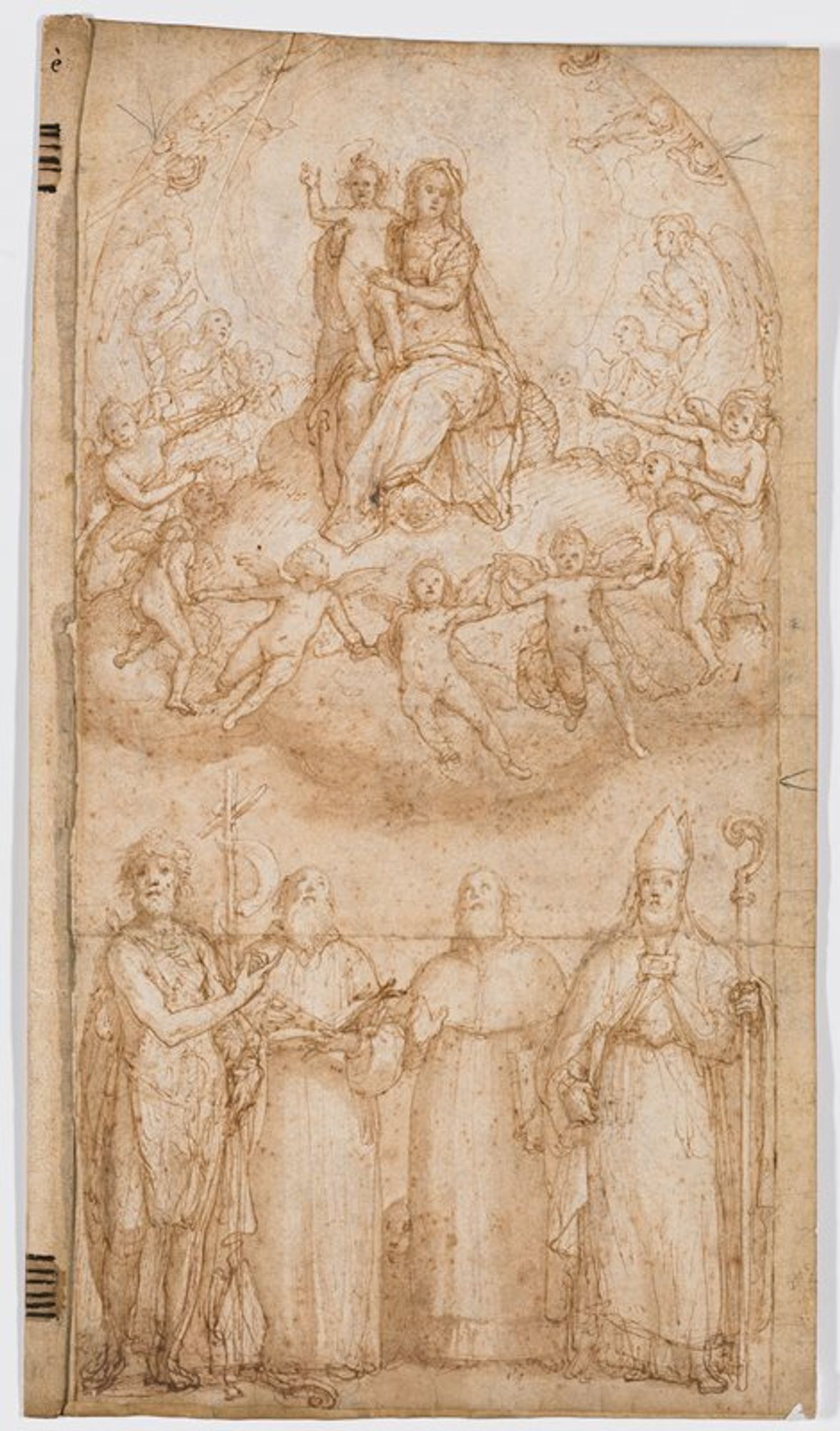 recto: seated Madonna holding standing Christ child, on clouds at top center, surrounded by angels and cherubs in a ring, hand in hand; at bottom, three standing male saints, from left: John the Baptist with his cross, man holding an open book, man holding a closed book in his PL hand and man in bishop's hat with crozier; verso: scene of the descent from the cross with Mary behind Jesus, holding him beneath this PL arm; praying and mourning figures surround Jesus, with two ladders behind them; lower left corner of drawing is missing