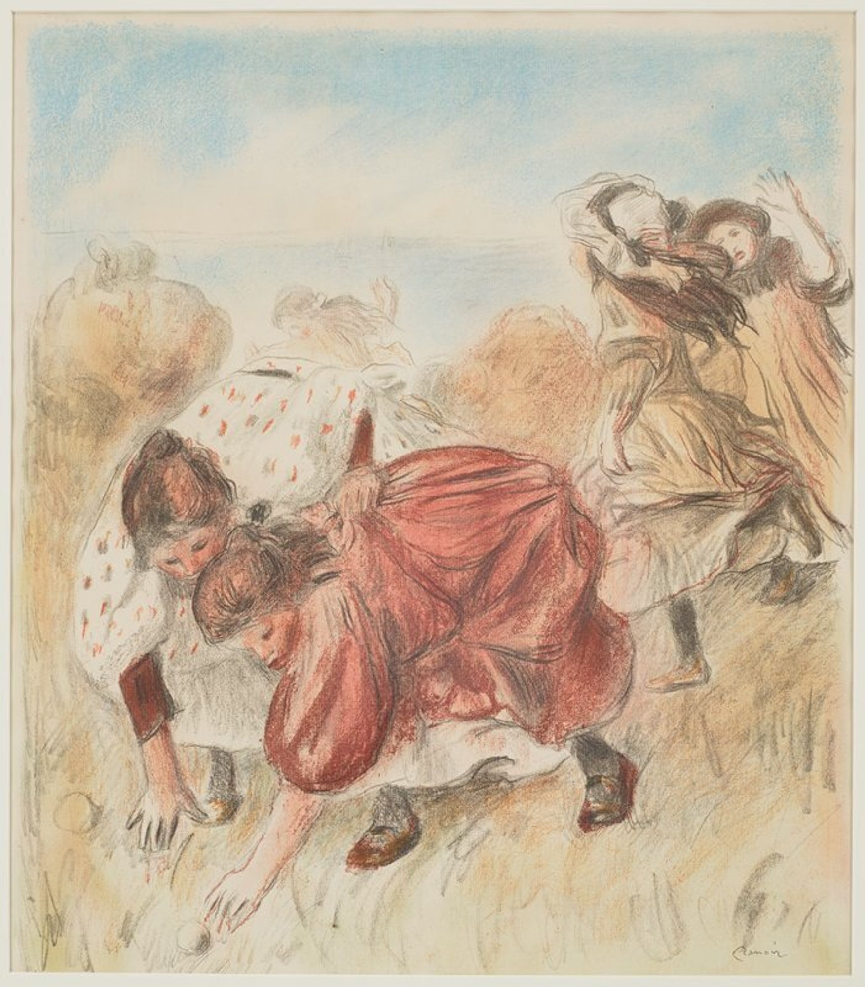 two girls bent over reaching for a ball in LLQ, one wearing a red dress and the other wearing a white dress with red-orange dots; two additional girls stand in R middle ground; other figures in the background
The French Impressionist painter Pierre-Auguste Renoir embraced printmaking later in his career, producing over fifty etchings and lithographs in the 1890s. Color lithography had become a favored print medium for many Impressionist artists. Renoir collaborated with a master printer, Auguste Clot, to create this complex work which required six separate stones for the six colors used—pink, red, orange, green, blue, and black. Given the size of the image and number of stones printed, impressions vary, as it was difficult to achieve a perfect alignment and clean registration of colors as found in this impression.