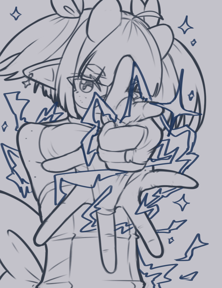 Sketch of a half-demon magical girl charging a lightning based magical spell by focusing the energy into a point. Posed like she's about to fire a magical gun.