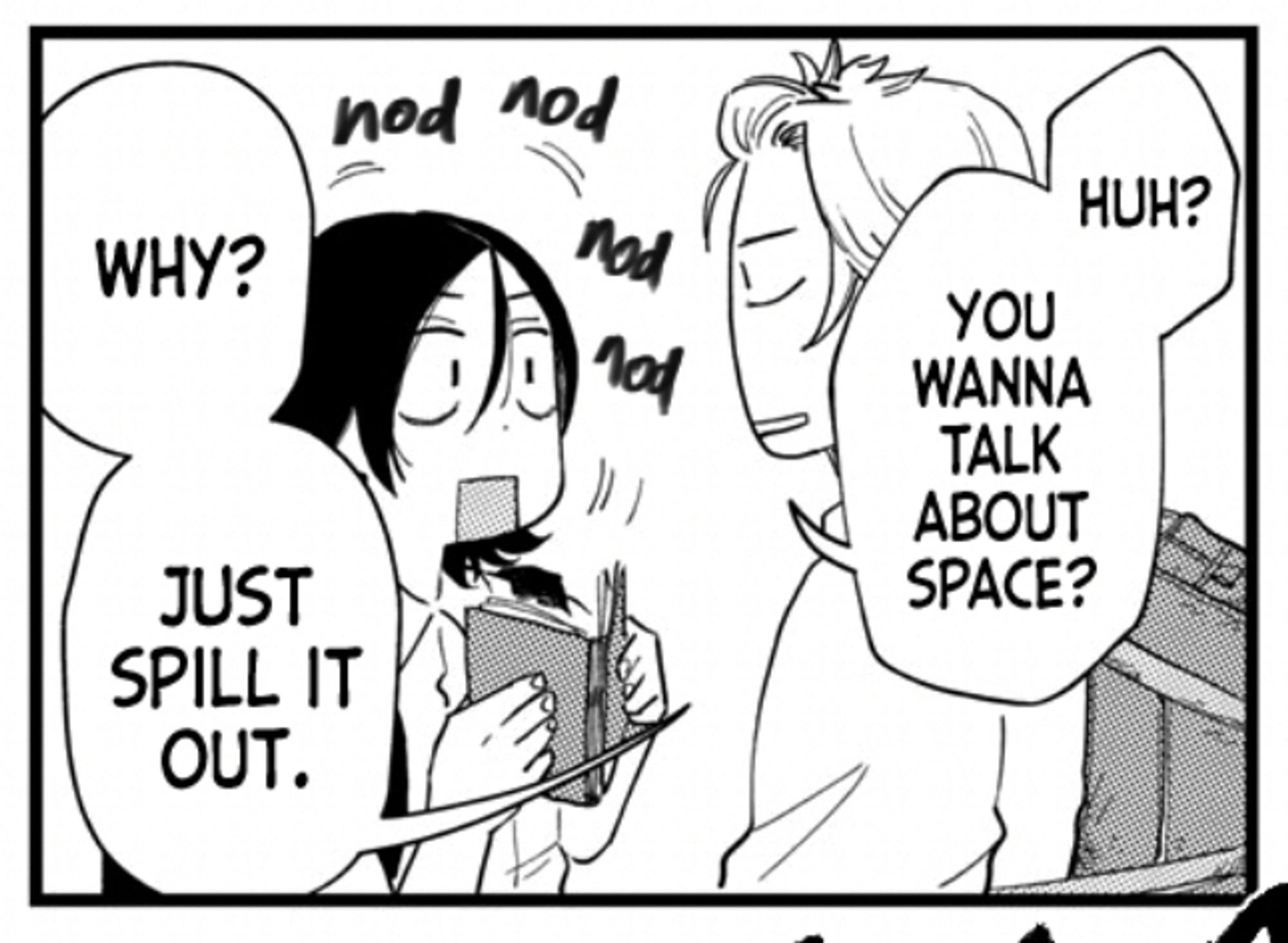 A panel from Spacewalking With You. Kobayashi (right) asks Uno if he wants to talk about space, his autistic special interest. Uno nods enthusiastically and Kobayashi tells him to go ahead and talk.