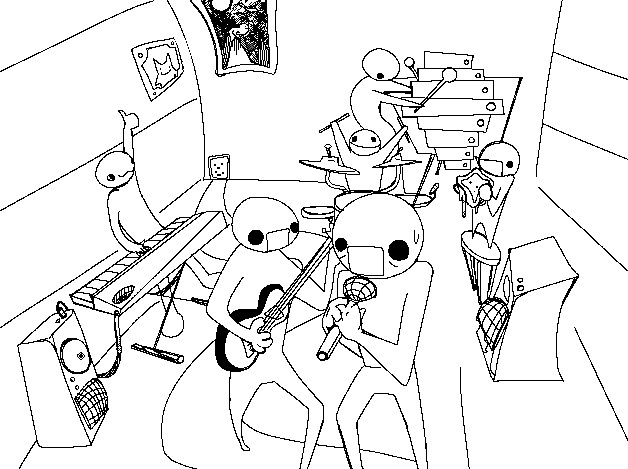 Monochrome digital art in pixel of a simple emoji style band playing and having fun. There is a slant to the view, with the room's floor blank and a picture of a little funny bear bear guy on the wall. There is an outlet on the corner of the wall next to it, and on the opposing plane there's a pic of a guy climbing a moonlit mountain at night with his butt tuchus out. Farthest away the person on the verical xylophone plays ting ting ting. And in front of them there is a drum player bang bang bang. And in front of them is a sandwich eater munch much munch muh plip bang bang. And in front of them, going from the right to the left, is a singer on mic MAH MAH MAH and a guiter player PLING DLING PLING. And going leftward behind the guitar player is a keyboard player BIN BIN BIN BIN BIN okay.  And behind the keyboard player is the picture of the little funny bear bear guy on the wall.