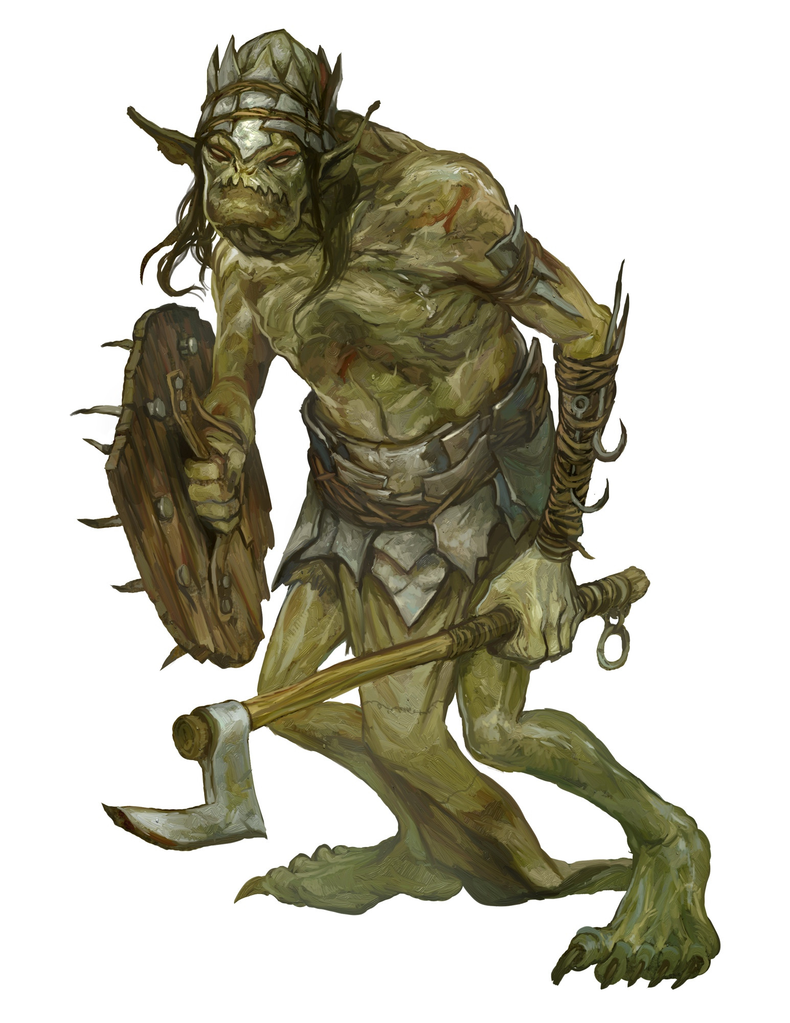 An illustration from The One Ring Roleplaying Game first edition showing a hobgoblin with a nasty underbite. 