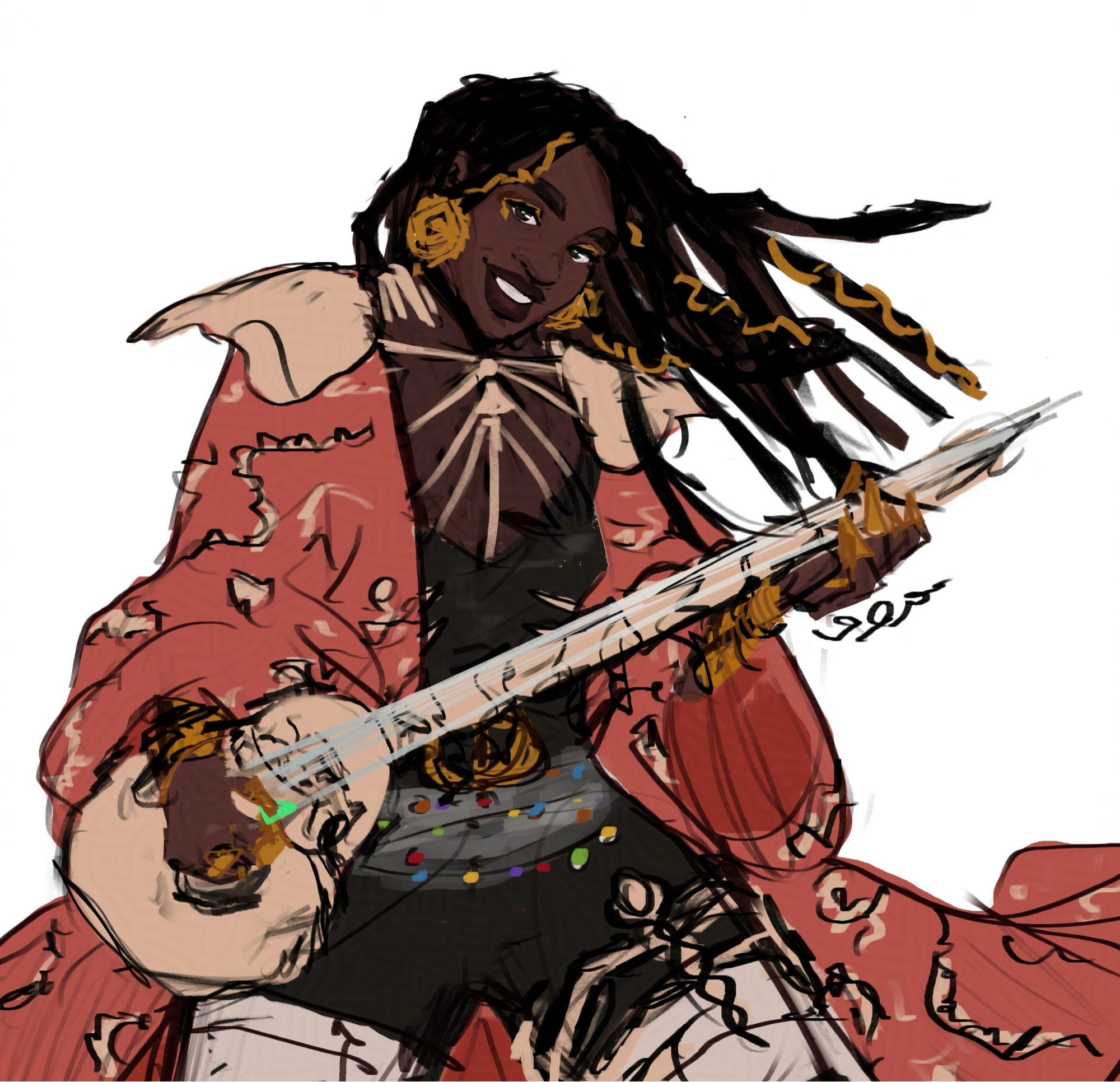 a sketch of a Black dwarf bard, holding/playing strings attached to a human skull and spine. he's wearing a long, flowing pink coat