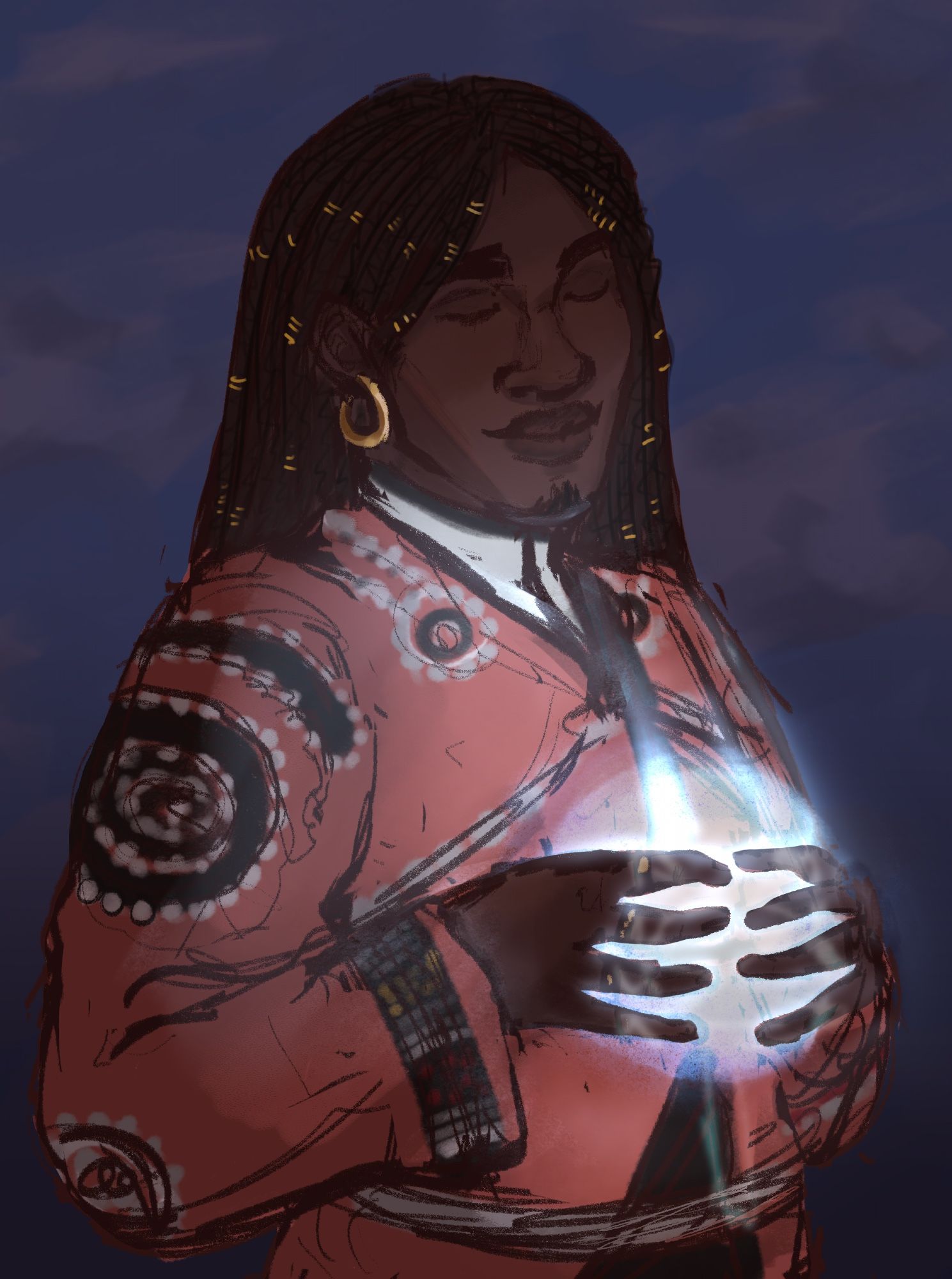 a black man in a pink robe holds a ball of blue light in his hands. his robe has white beads outlining all the embroidered details on it; his hair is in braids, decorated with small gold rings