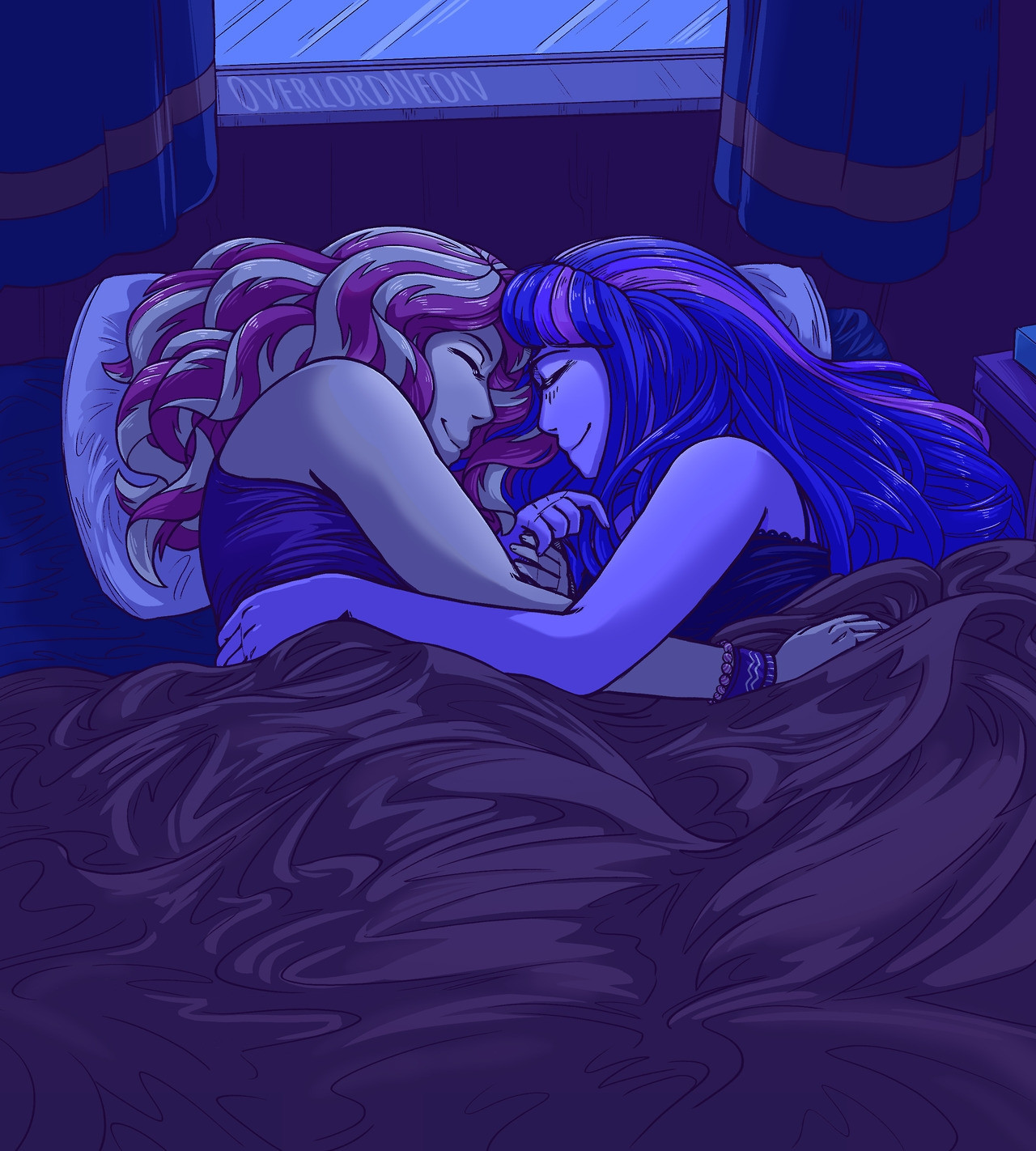 Digital Art. Sunset and Twilight lay sleeping in bed together. The dim, blue light of night covers them.