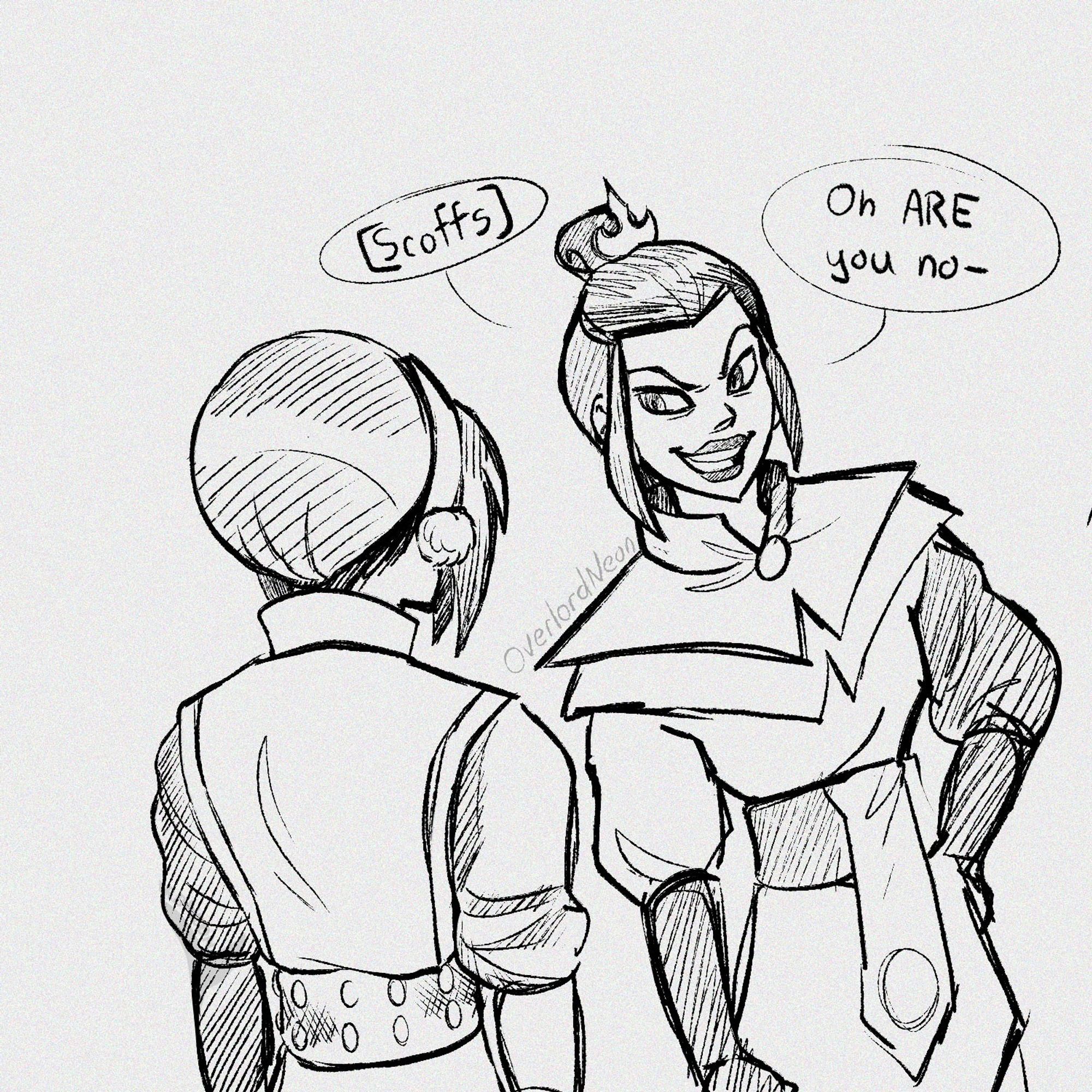 Digital comic panel of Toph standing beside Azula. Azula scoffs and says mockingly, "Oh ARE you no-"