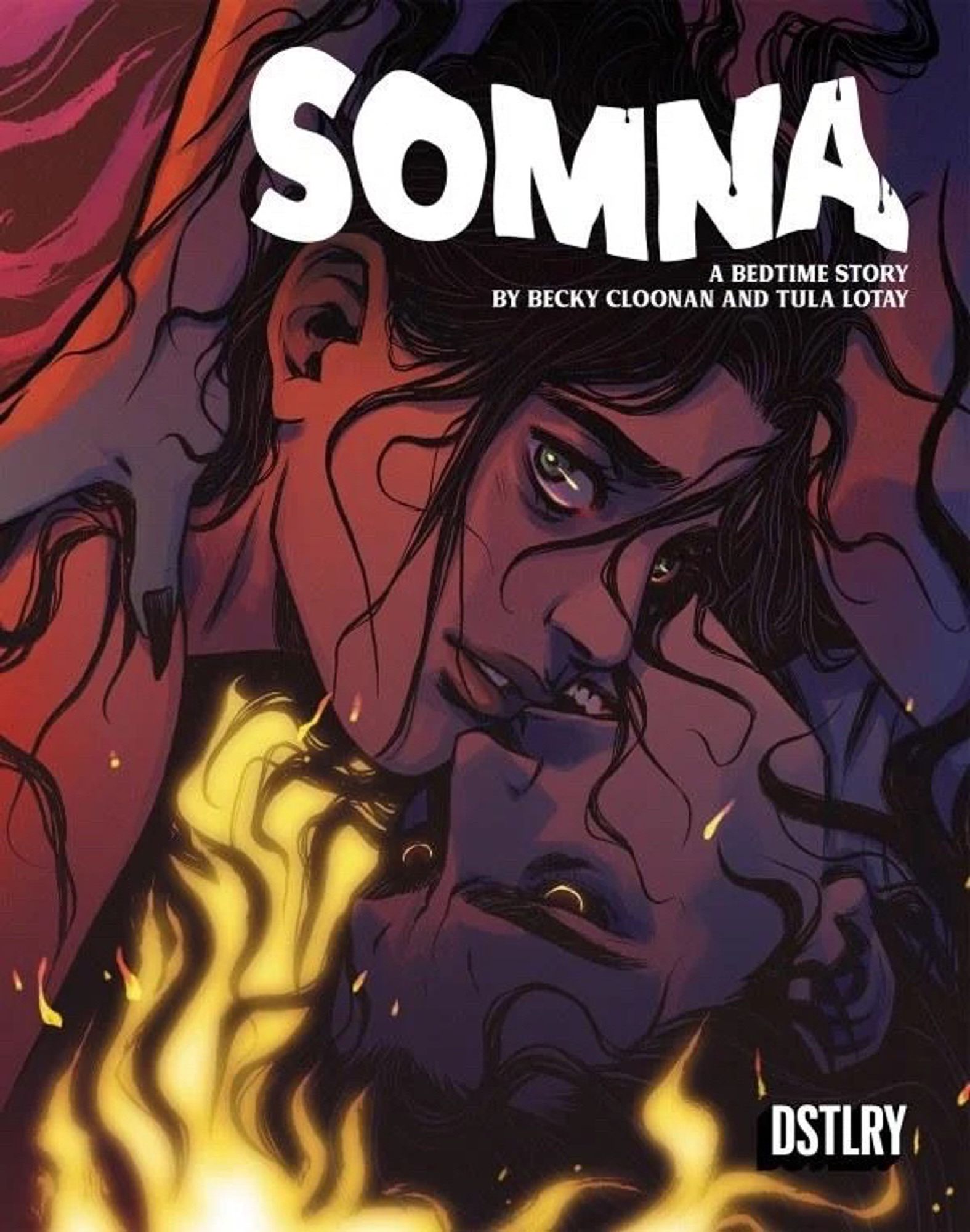 The cover to Somna issue 3, the third and final issue! Ingrid and her dream lover almost kiss, but she looks maybe a little distracted by all the fire around them.