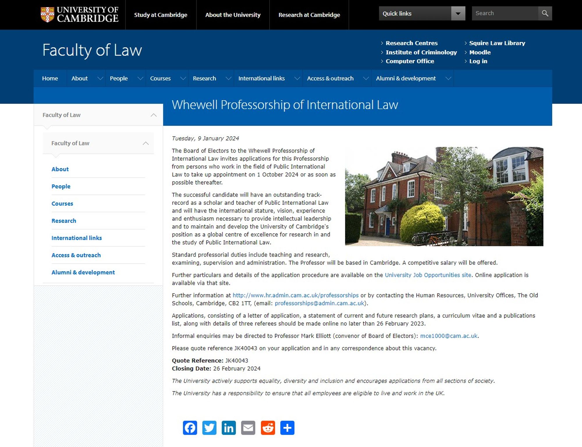 The advert for the Whewell Professorship