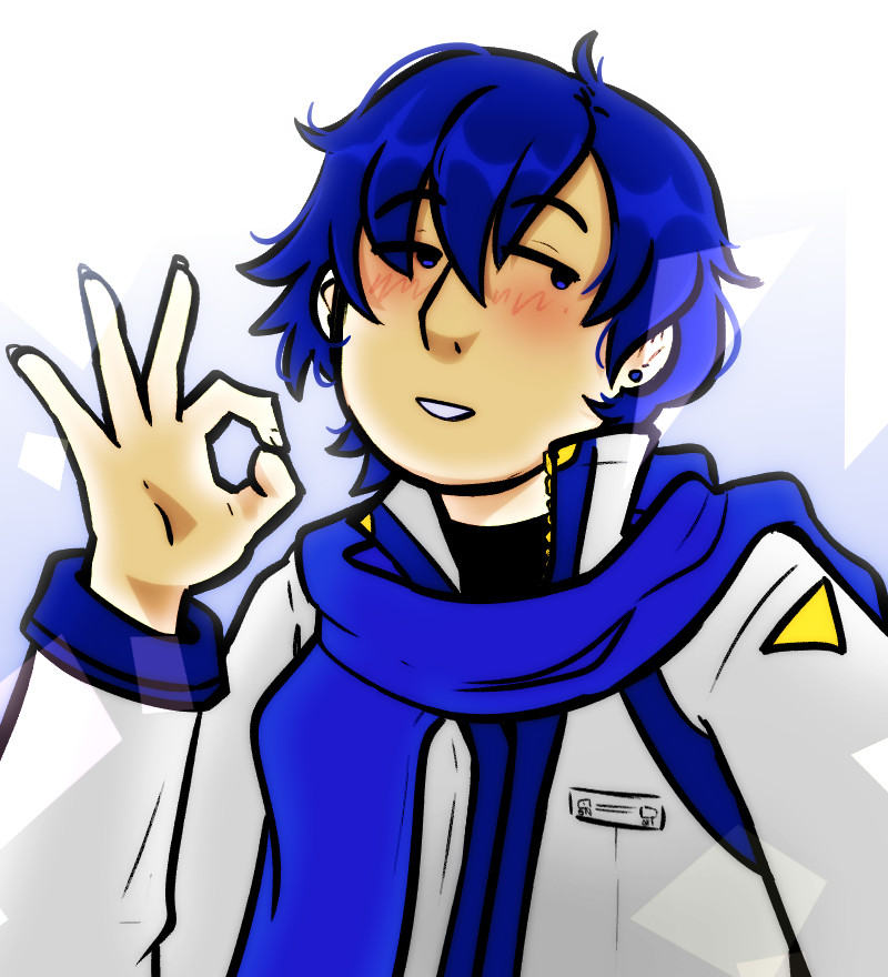 A digital drawing of the vocaloid Katio, a blue haired man wearing a big white coat and a long blue scarf. He is doing the 'ok' sign with his hand and smiling