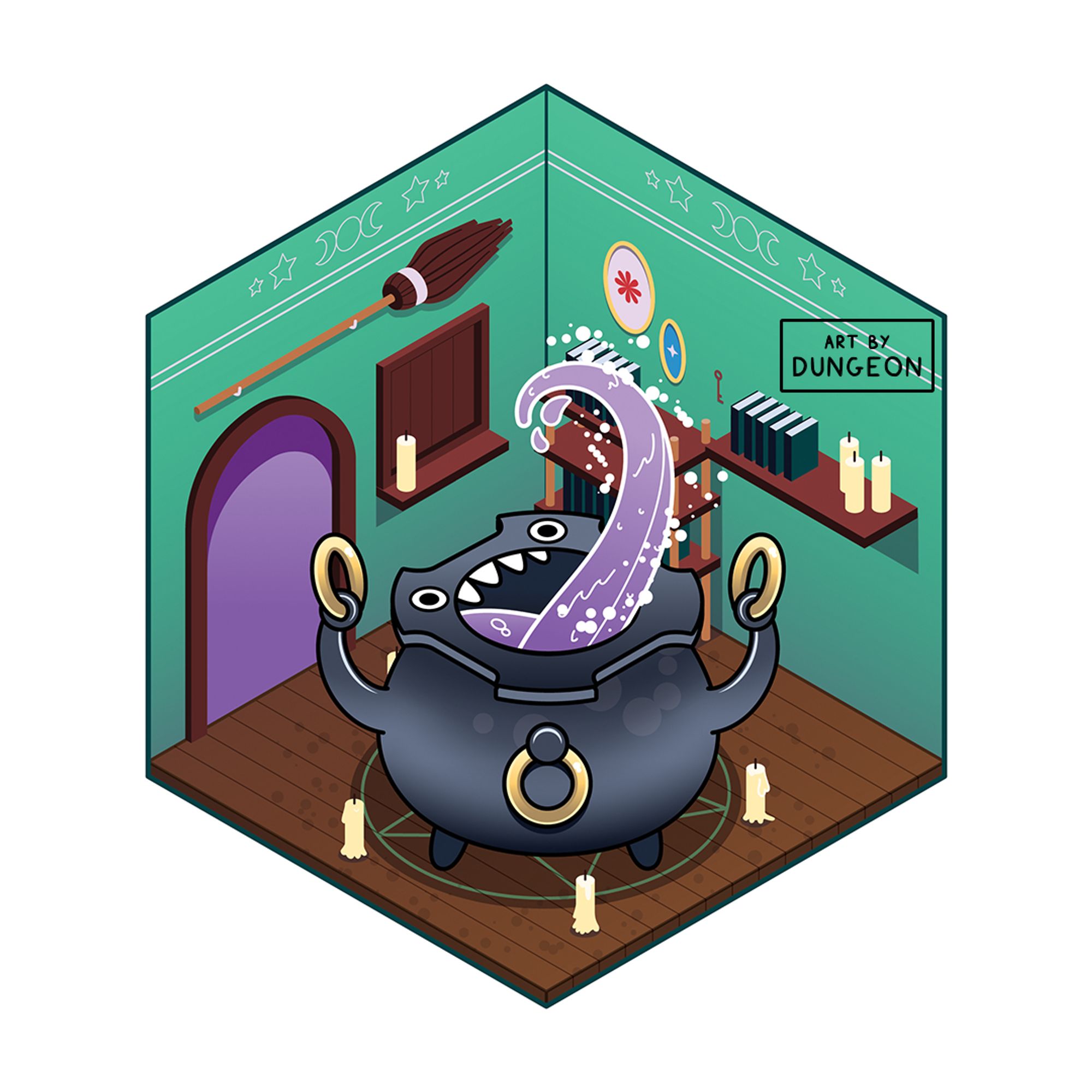 Image of a cauldron mimic in a witch's den