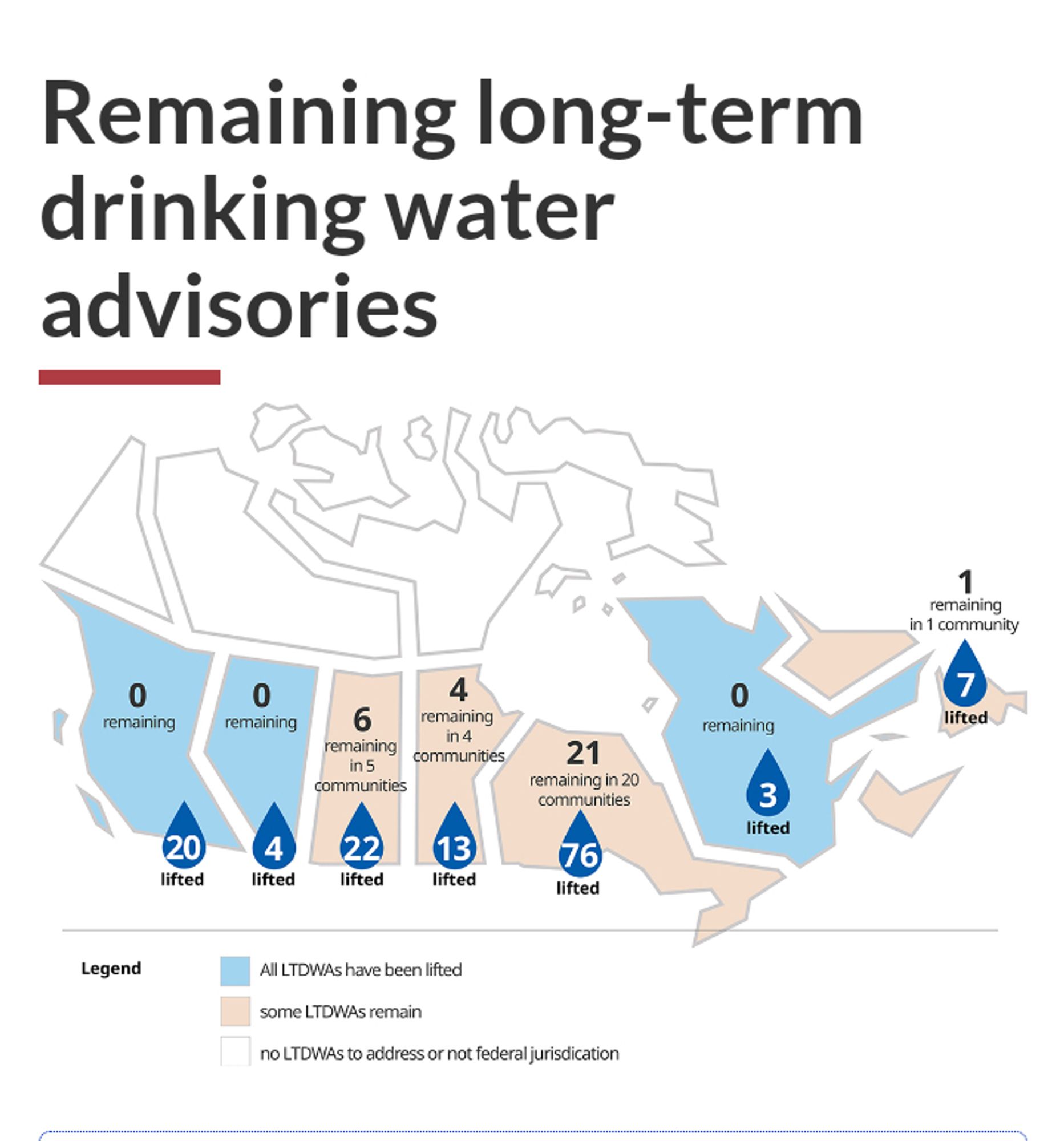 Map showing boil water advisories on reserves
 There are 6 in 5 communities in Saskatchewan, 4 in 4 communities in Manitoba, 21 in 20 communities in Ontario, and 1 in Newfoundland.