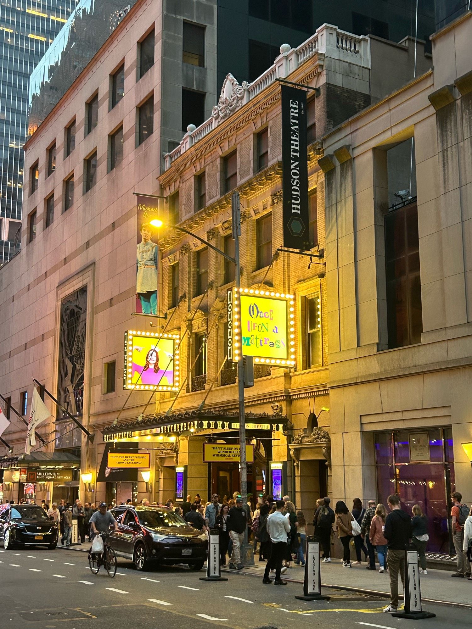 Facade and marquee of The Hudson Theatre, showing Once Upon a Mattress starring Sutton Foster