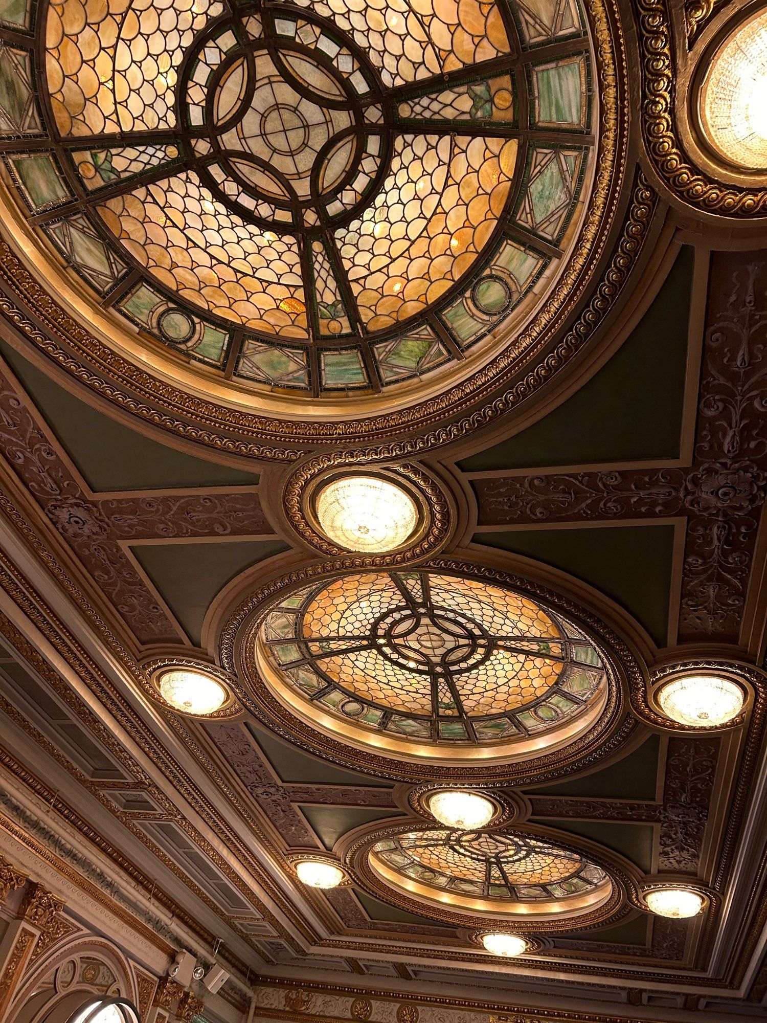 Stained glass ceiling lighting at Hudson Theatre