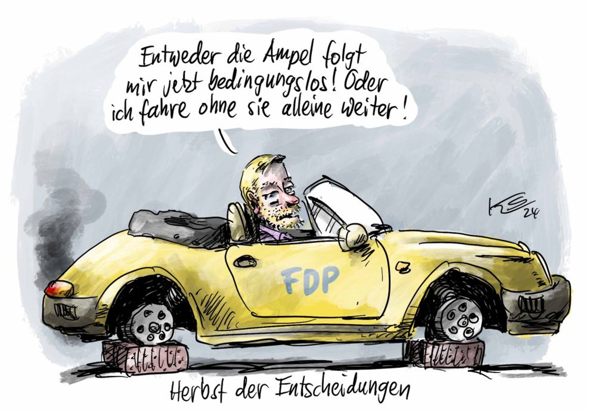 Karikatur von Klaus Stuttmann: ein Porsche Cabrio "Typ FDP" steht aufgebockt (ohne Reifen), am Lenkrad Christian Lindner, der sagt: "entweder die Ampel folgt mir jetzt bedinungslos! Oder ich fahre ohne sie alleine weiter!"