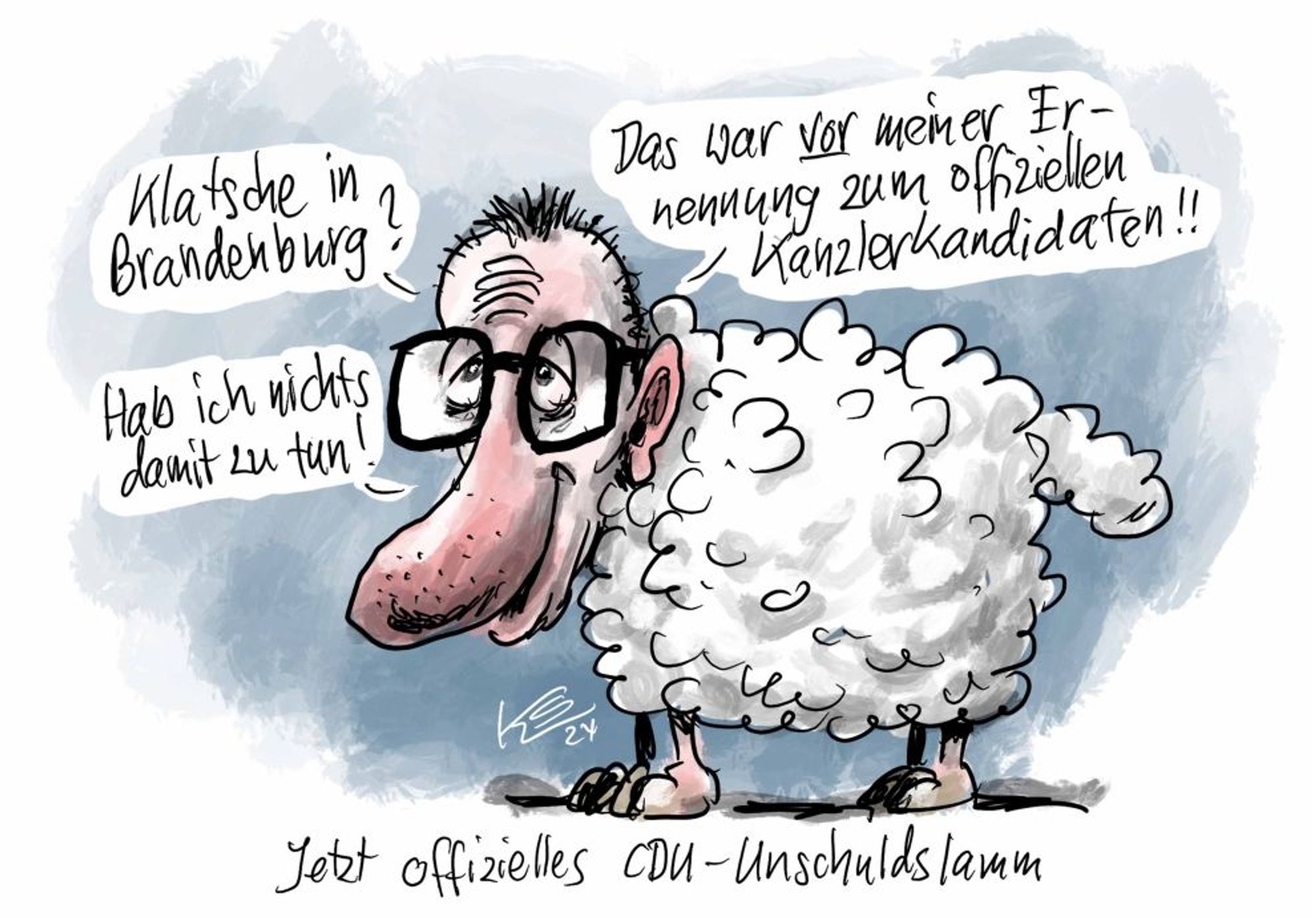 Karikatur von Klaus Stuttmann: Friedrich Merz, der Kanzlerkandidat der Union, als Unschuldslamm. Er kommentiert die Landtagswahl in Brandenburg: "Klatsche in Brandenburg? Hab ich nichts zu tun damit. Das war VOR meiner Ernennung zum offiziellen Kanzlerkandidaten"