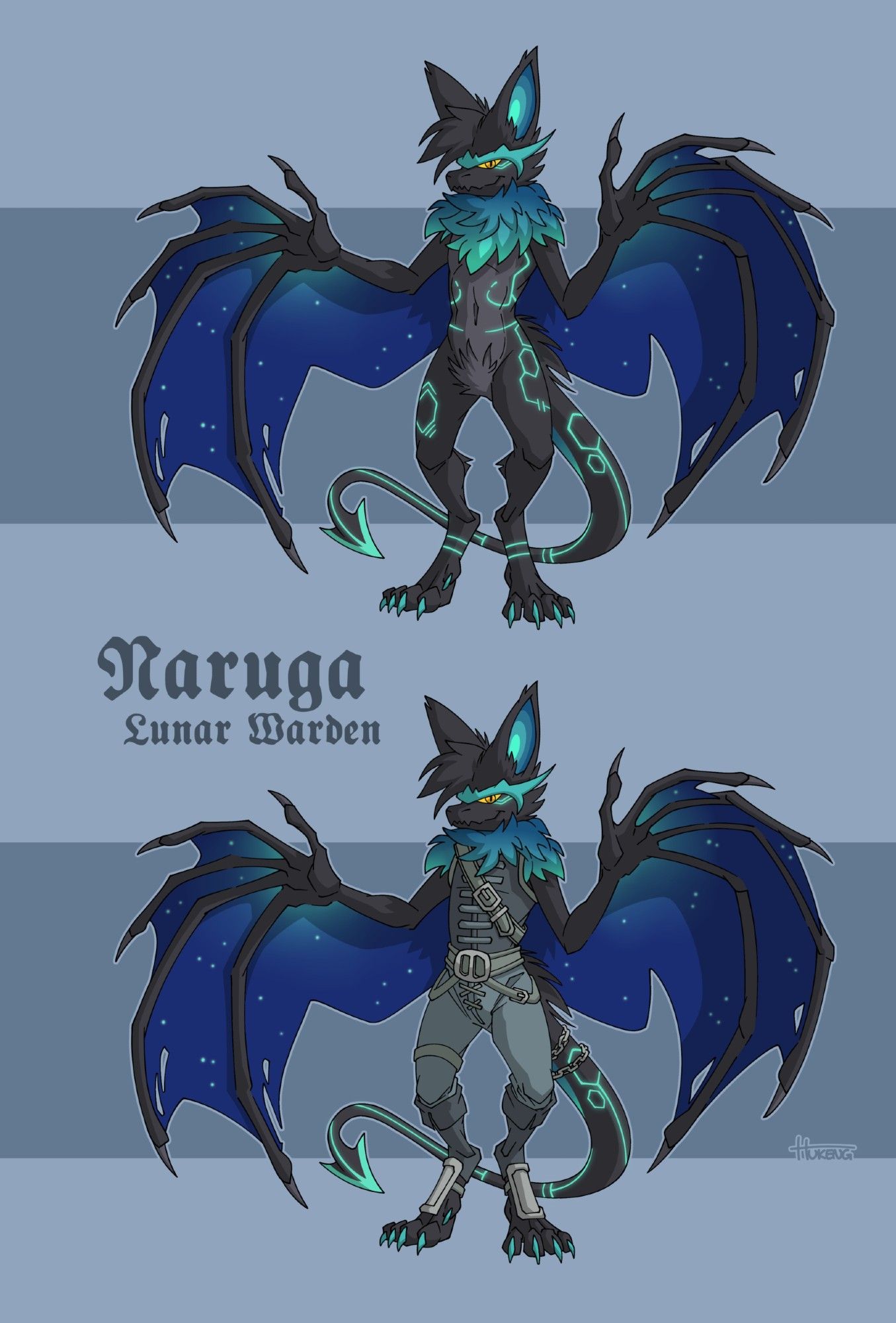 Character sheet for an anthropomorphic bat characters with black fur and glowing teal details, featuring a clothed and unclothed safe-for-work full body illustration.