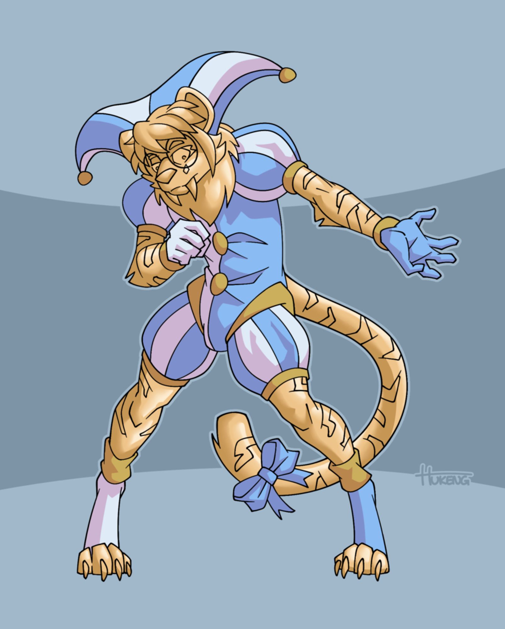 An anthropomorphic feline character in a jester's outfit bowing to an unseen crowd with a worried expression on his face. His entire body has turned into solid gold.