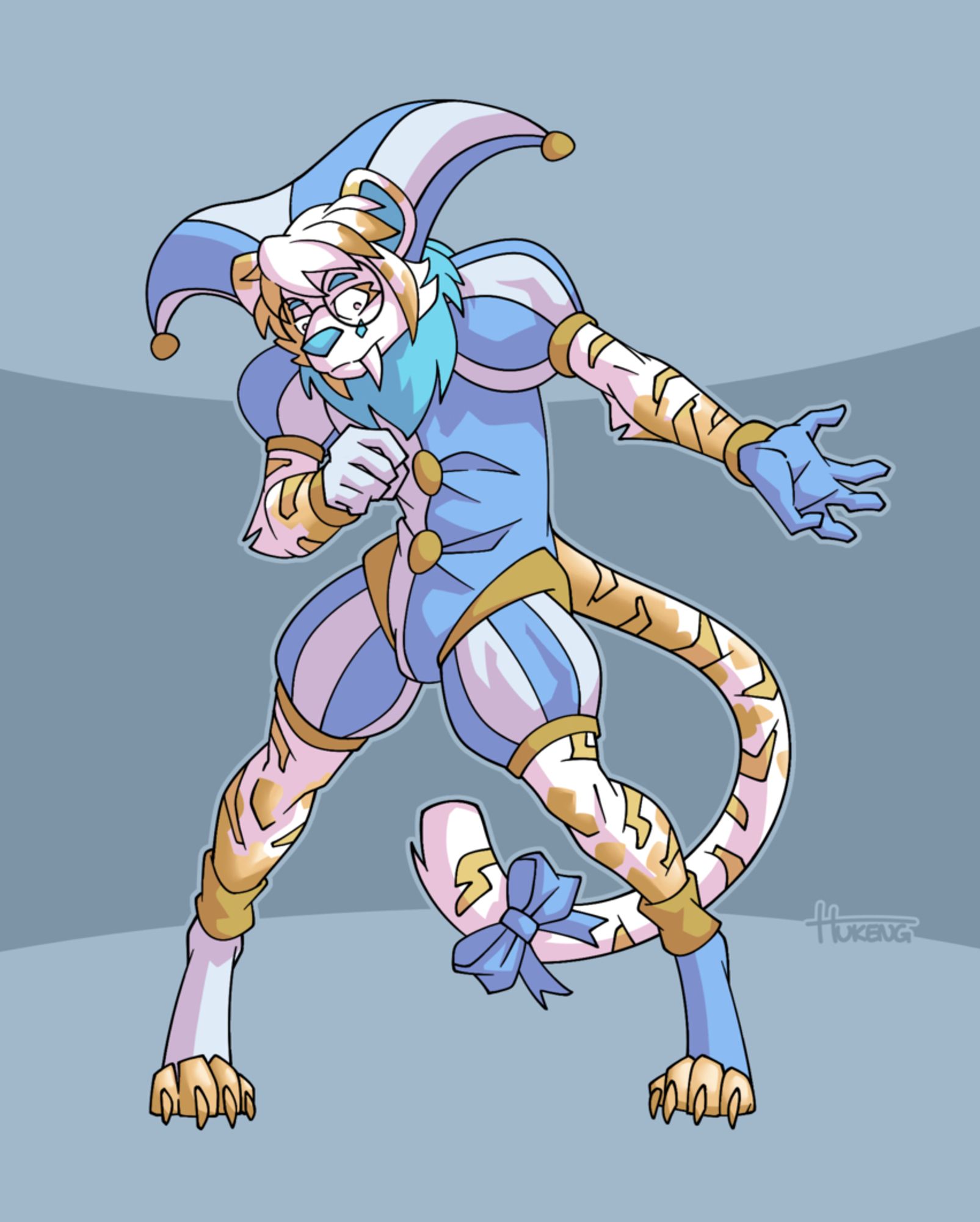 An anthropomorphic feline character in a jester's outfit bowing to an unseen crowd with a worried expression on his face. Parts of his body have started to turn into solid gold.