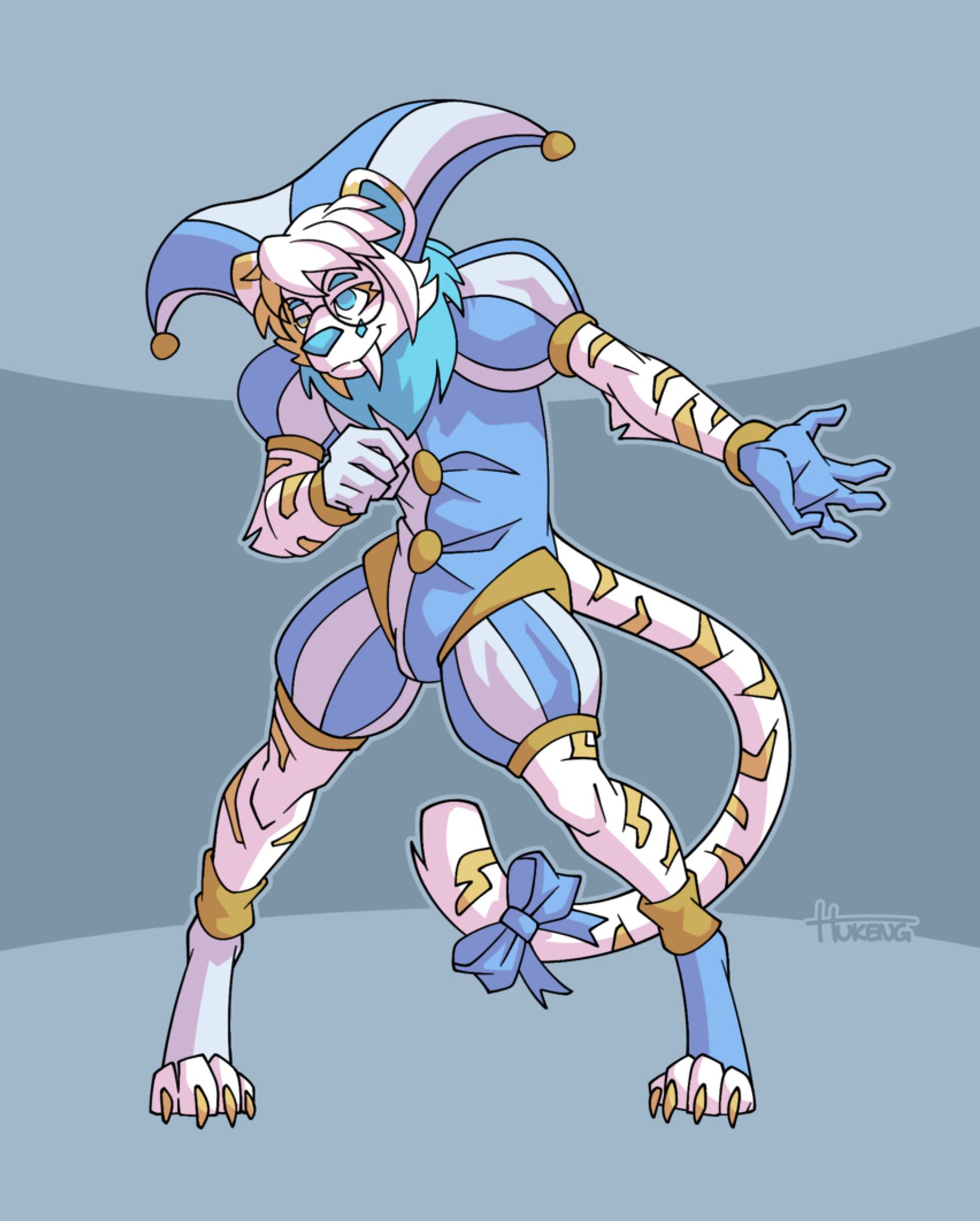 An anthropomorphic feline character in a jester's outfit bowing to an unseen crowd.