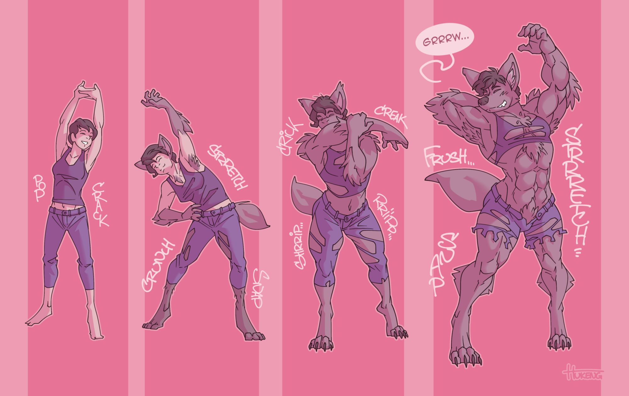 Four step sequence showing a young woman transforming into a large, extremely muscular werewolf while performing a number of stretching exercises. The transformation is accompanied by a number of sound words indicating ripping fabric, growing flesh and shifting bone structure.