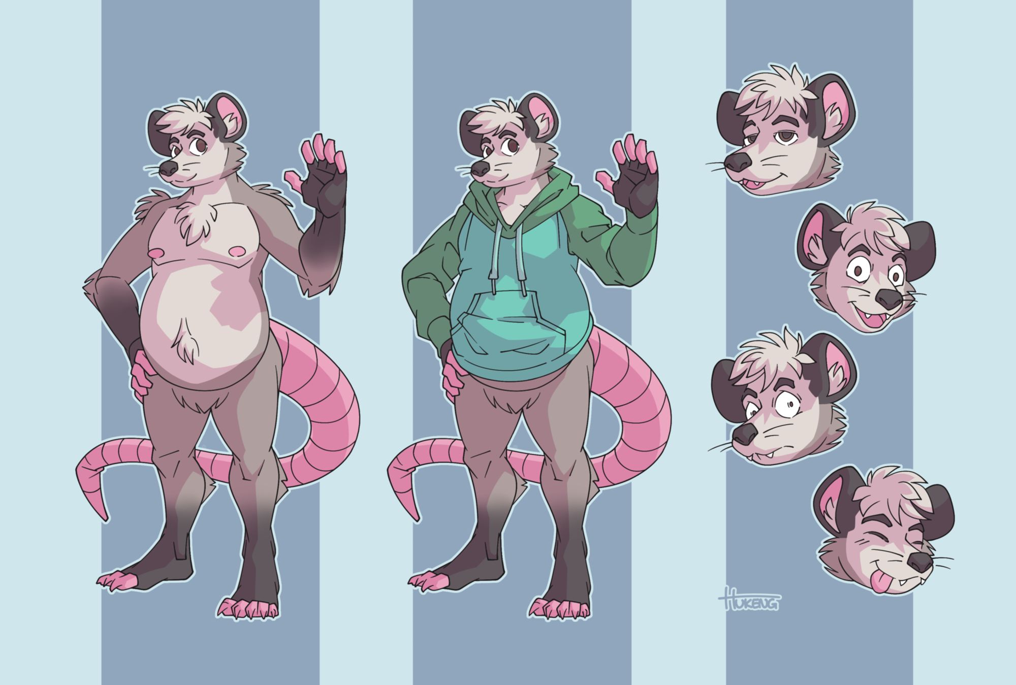 Reference sheet for an anthropomorphic opossum character. The illustration features two full-body images, one unclothed and one wearing a hoodie. Four headshots on the right-hand side exemplify different expressions - Zoned-out, happy, scared and silly.