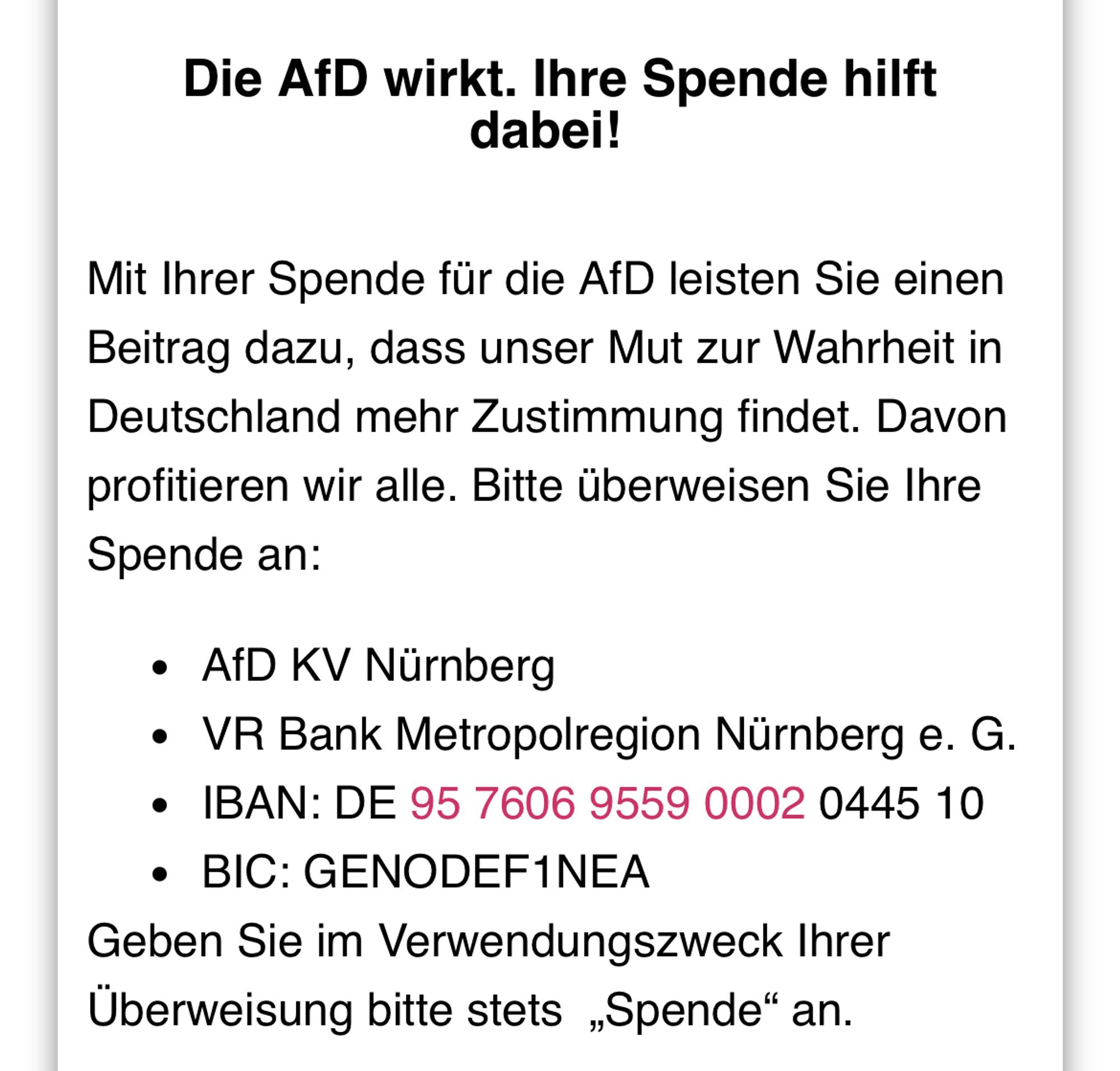 Screenshot von der AFD Webseite mit den Bankdaten.