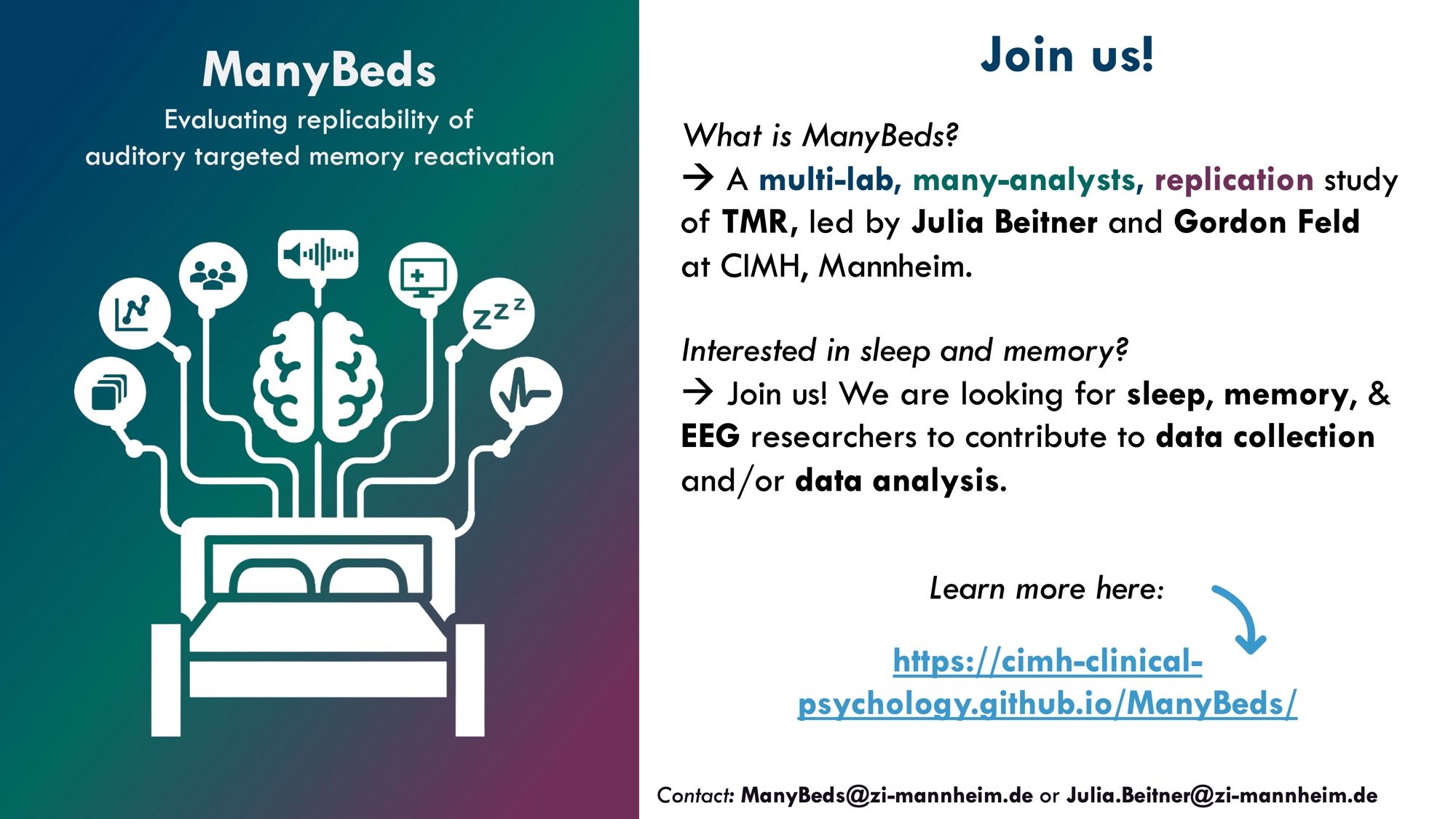 Flyer of the ManyBeds project. The left side shows the logo in white on a colorful gradient background. On the right is a brief description of the study and the link to the project’s website.