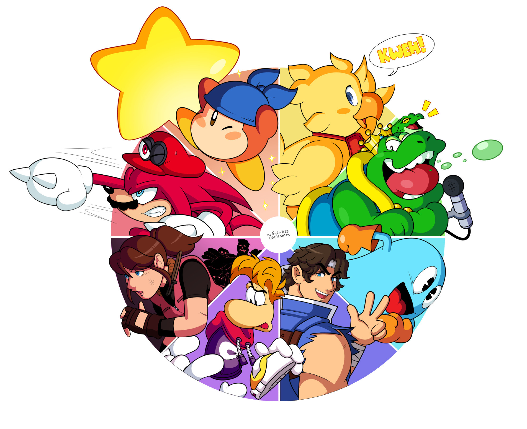 Characters featured from Red to Pink: 
Knuckles (+ Cappy), Bandana Waddle Dee, Chocobo, Wart/Mamu (+ Fred from Blaster Master Zero), Inky, Richter Belmont, Rayman (+ Rabbid) and Claire Redfield.