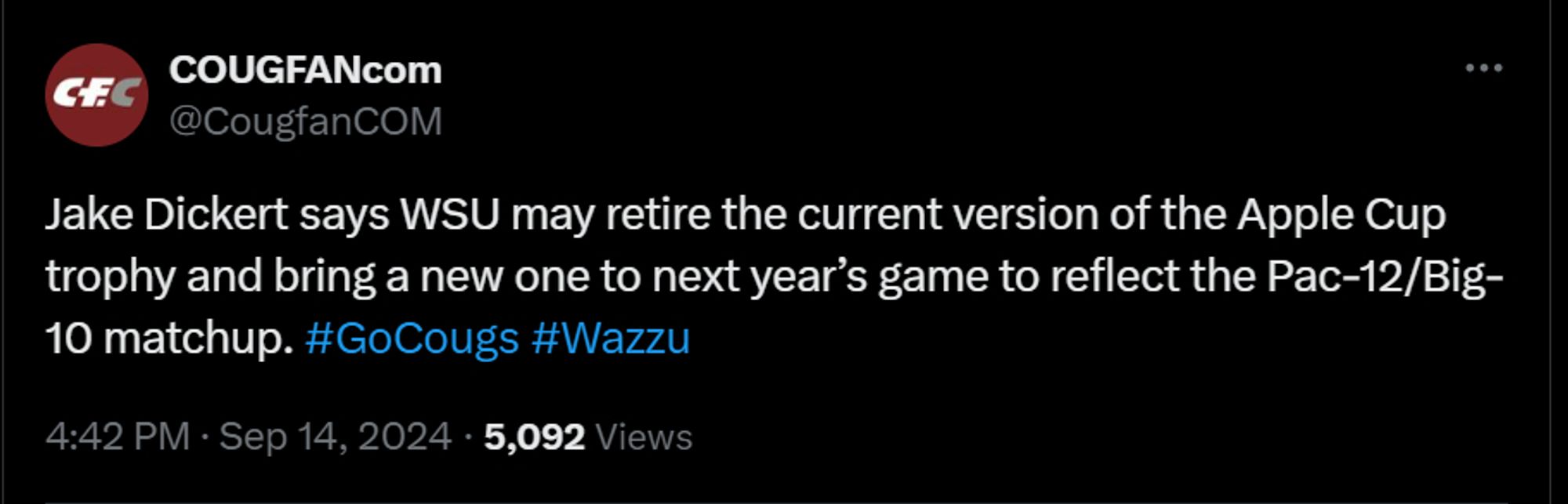 COUGFANcom (@CougfanCOM) on X
Jake Dickert says WSU may retire the current version of the Apple Cup trophy and bring a new one to next year’s game to reflect the Pac-12/Big-10 matchup. #GoCougs #Wazzu