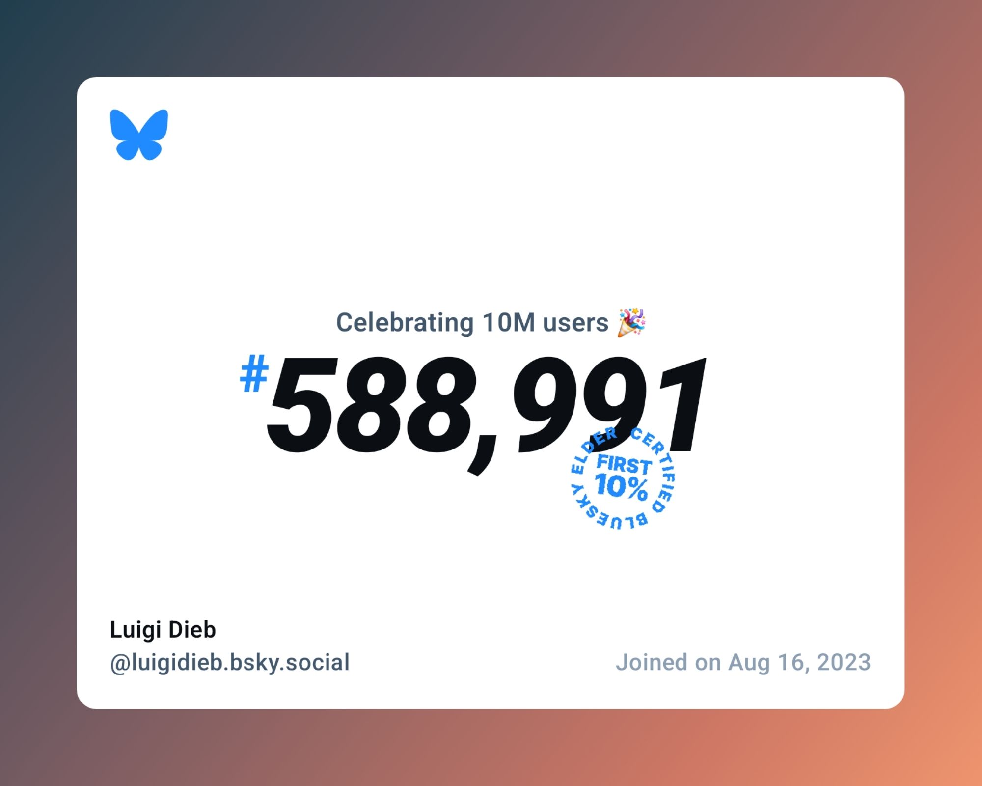 A virtual certificate with text "Celebrating 10M users on Bluesky, #588,991, Luigi Dieb ‪@luigidieb.bsky.social‬, joined on Aug 16, 2023"