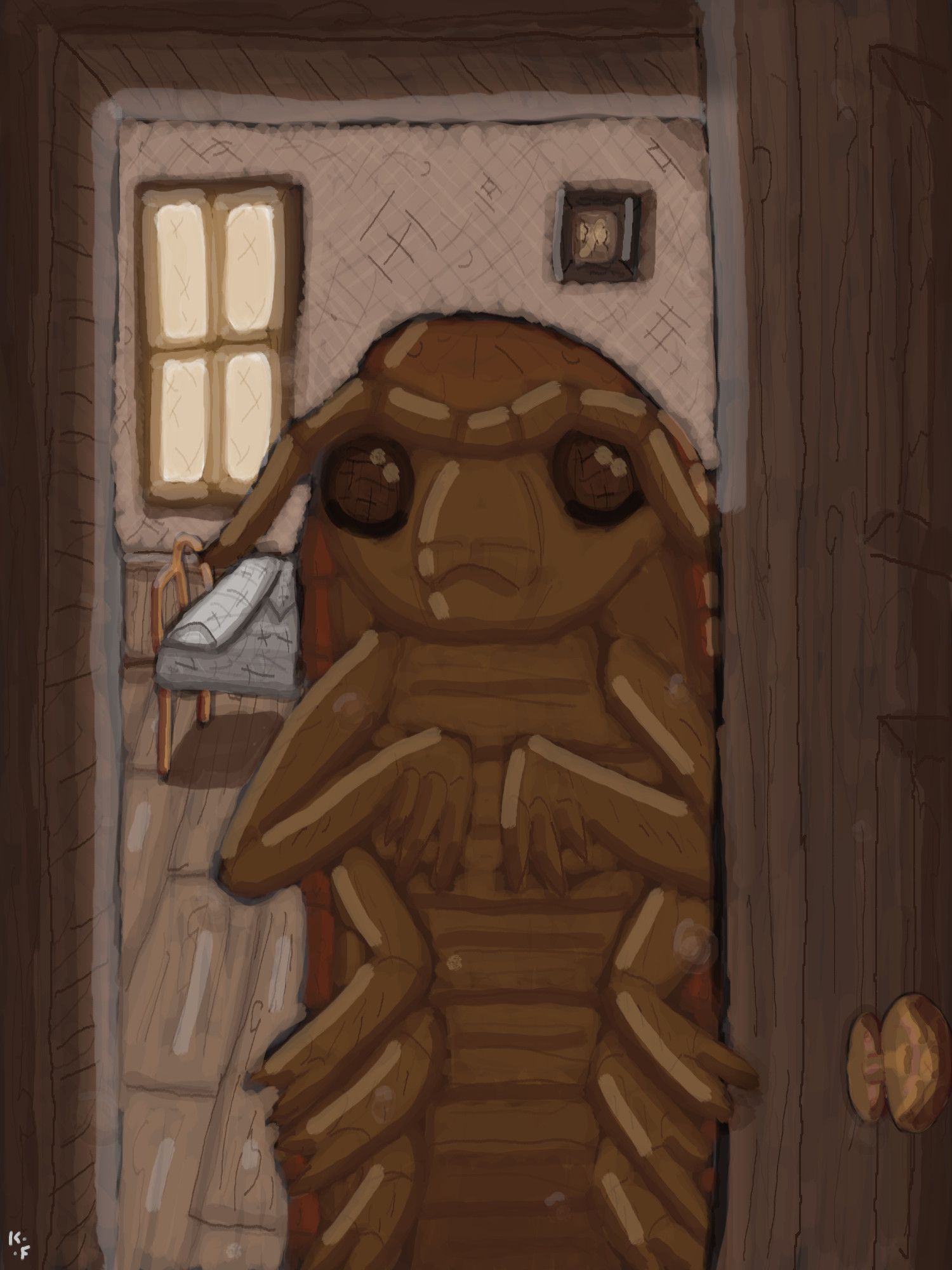 A gigantic insect stands at the doorway of a sparse bedroom, He gazes towards the viewer, waiting for their approval.  Everything is brown and awash in dusty pale light from a bedroom window.