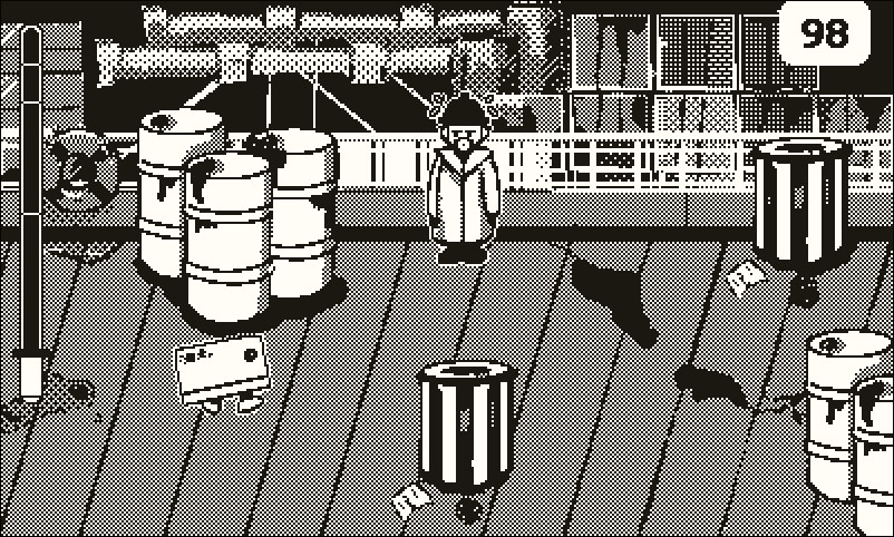 A game level taking place at the docks. Oil drums and trashcans pepper the environment, shipping containers and heavy machinery are visible in the distance beyond a railing. A guard suspiciously looks at a cardboard box that appears to have feet and that might or might not be moving.