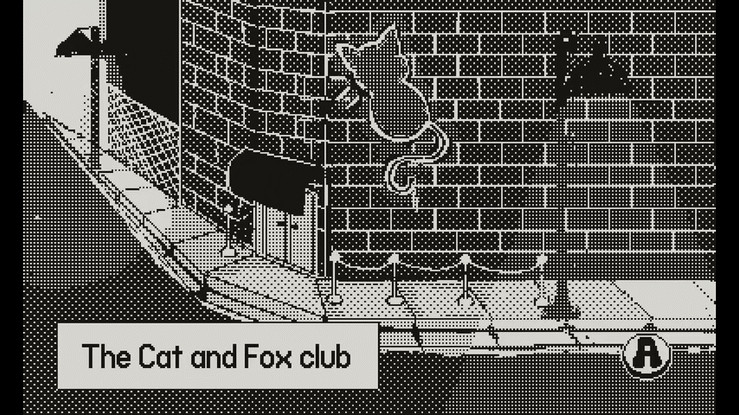 A brick building on a street corner at night, illuminated by two lamp posts. A neon sign in the shape of a cat alternates to the shape of a fox. A caption says 'The Cat and Fox club'.