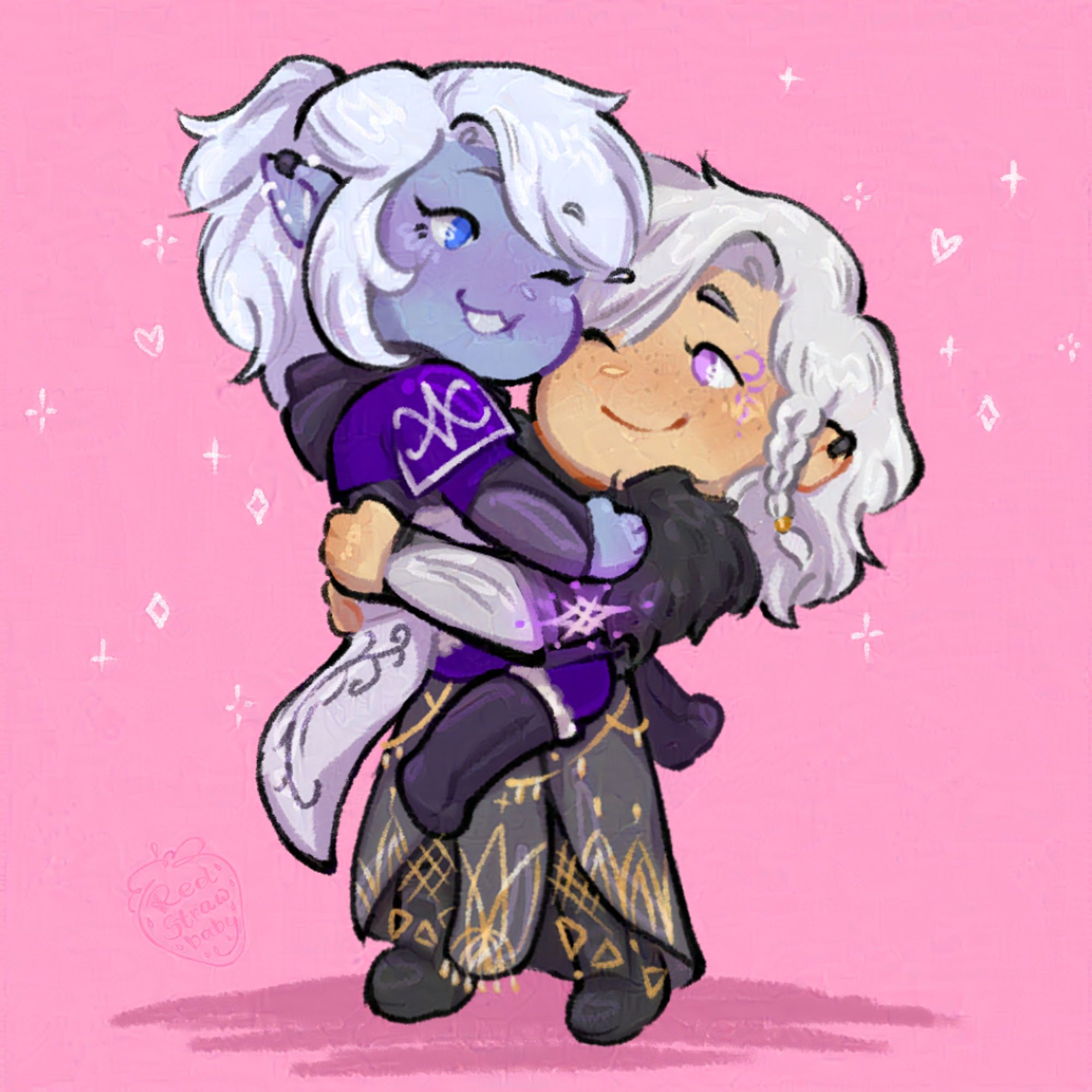 A digital drawing of two chibi characters, one of them hugging and lifting the other. They're both wearing ornate armours and smiling at eachother as their cheeks smush together.