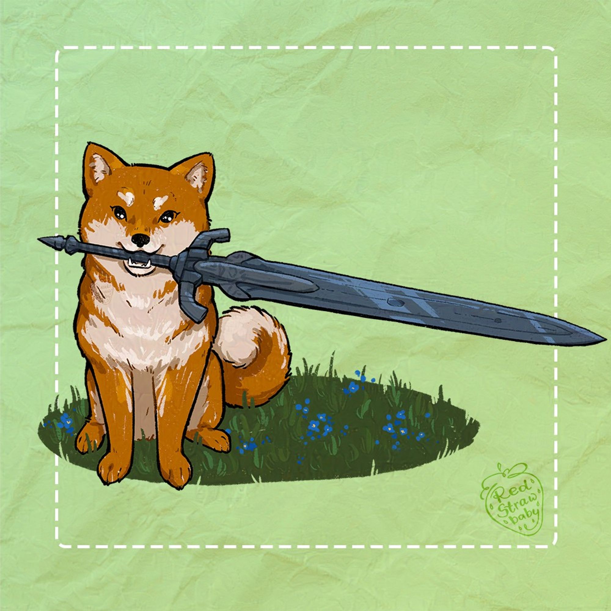 A tan coloured shiba sitting on a patch of grass and blue flowers, holding Sif the Great Gray Wolf's sword in its mouth. (Dark Souls)