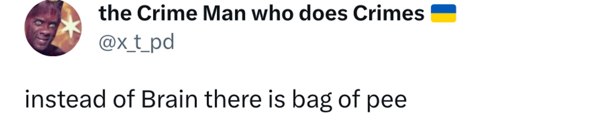 Tweet by “the Crime Man who does Crimes 🇺🇦” that reads “instead of Brain there is bag of pee”