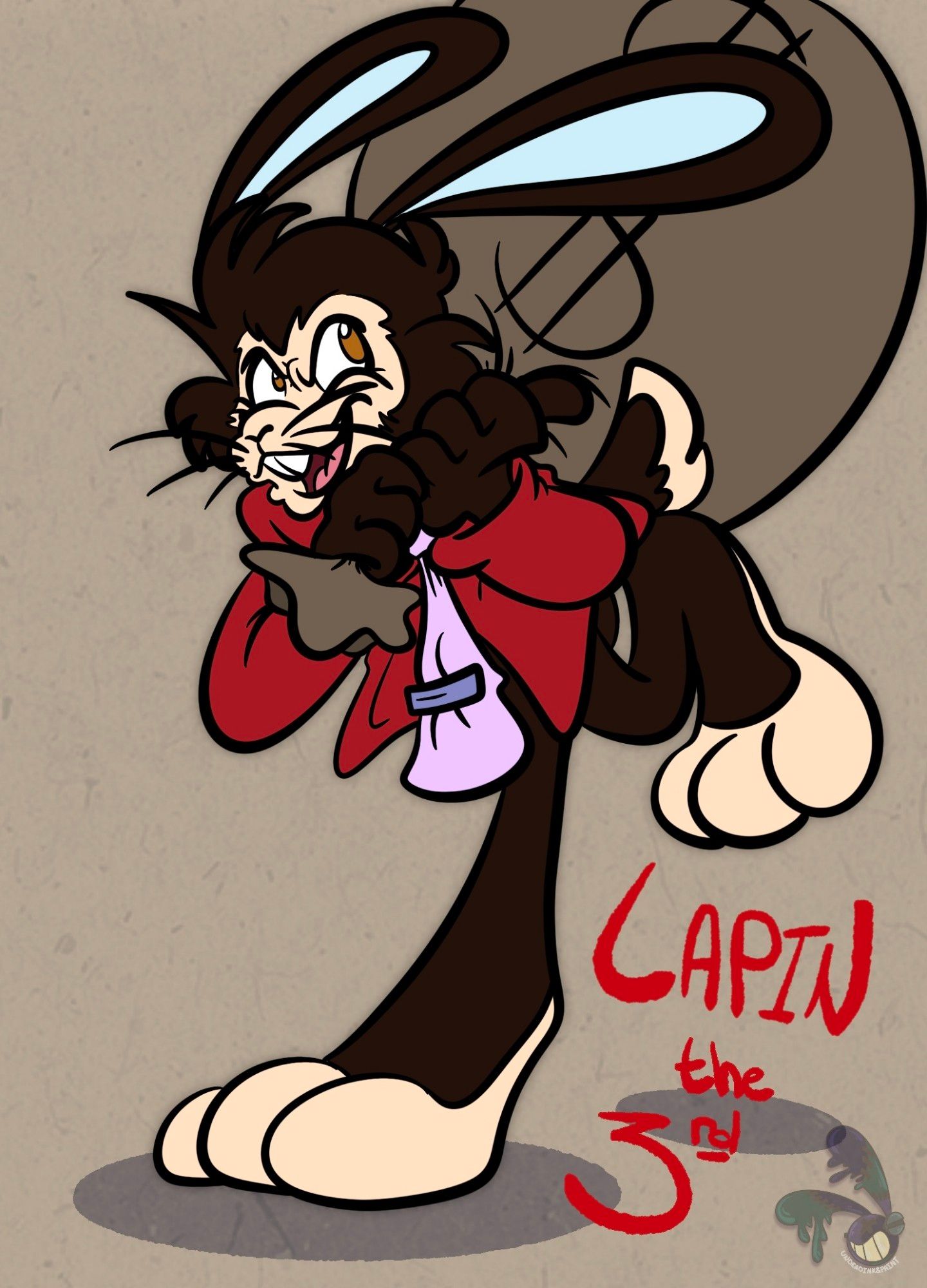 A rabbit-fied Lupin the 3rd making off with his latest haul! He has brown fur except for a few patches of cream fur and his signature red jacket