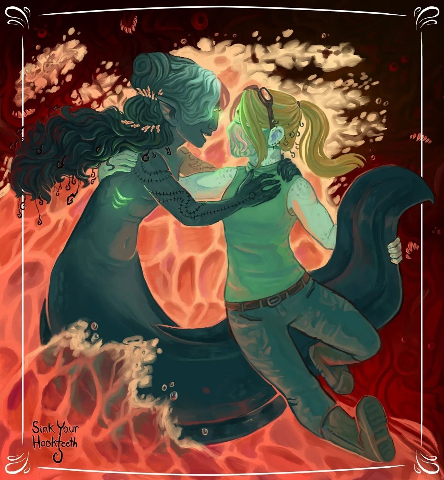 an eel mermaid with stitches in her arms ans coral in her curly salt and pepper hair and a blonde ponytailed human woman with hooks in her hair being splashed in an orange wave. they are holding each other and green. there are teeth in the background.