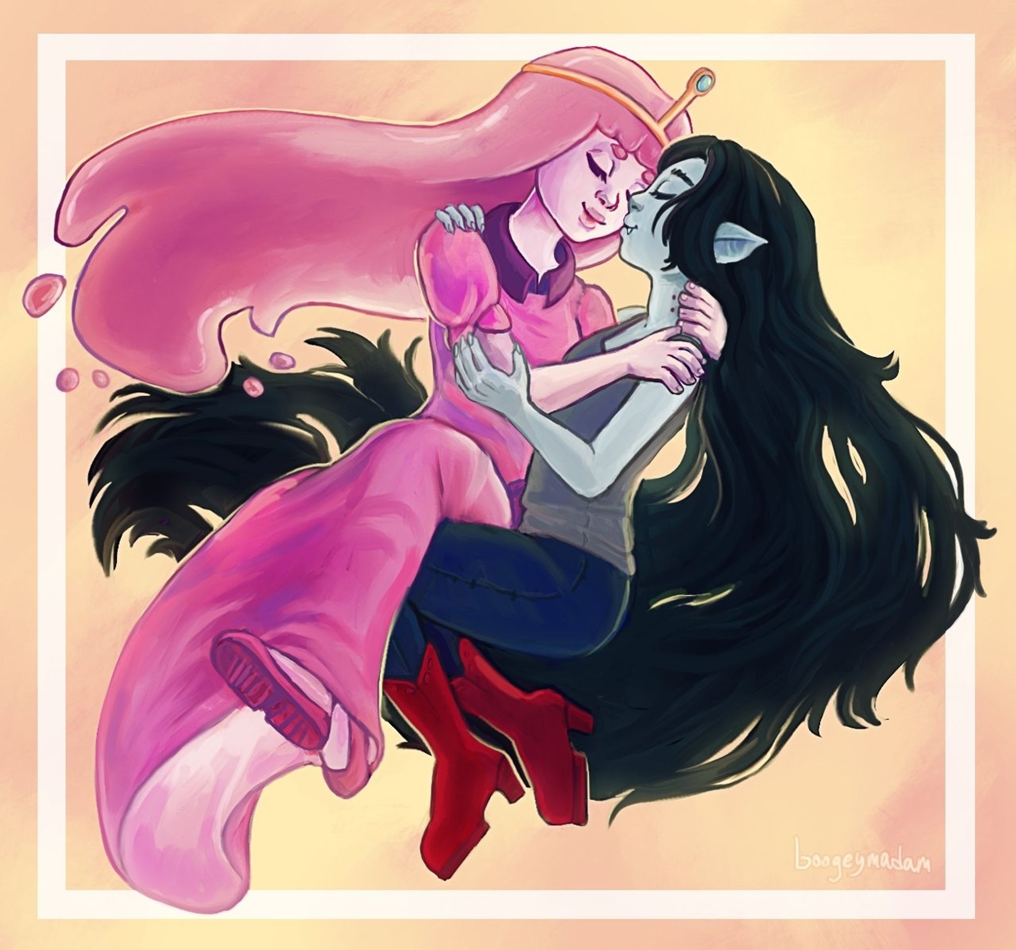 adventure time bubbline. bonnibel (princess bubblegum) is sitting on a floating marceline (the vampire queen)'s lap. both have their eyes closed, just vibing. orange yellow background.