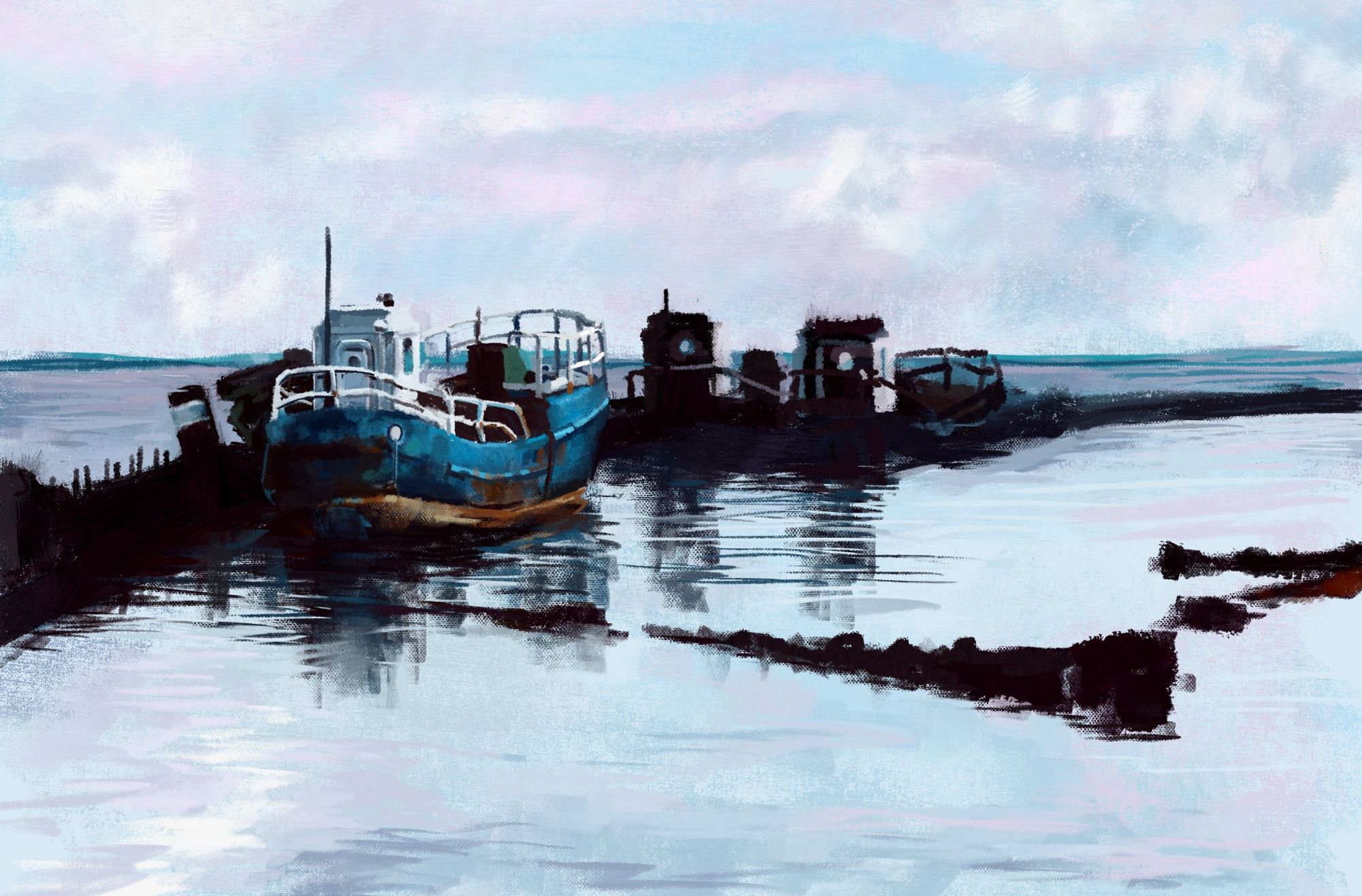 A digital painting of some rusty old boats by a decrepit pier.