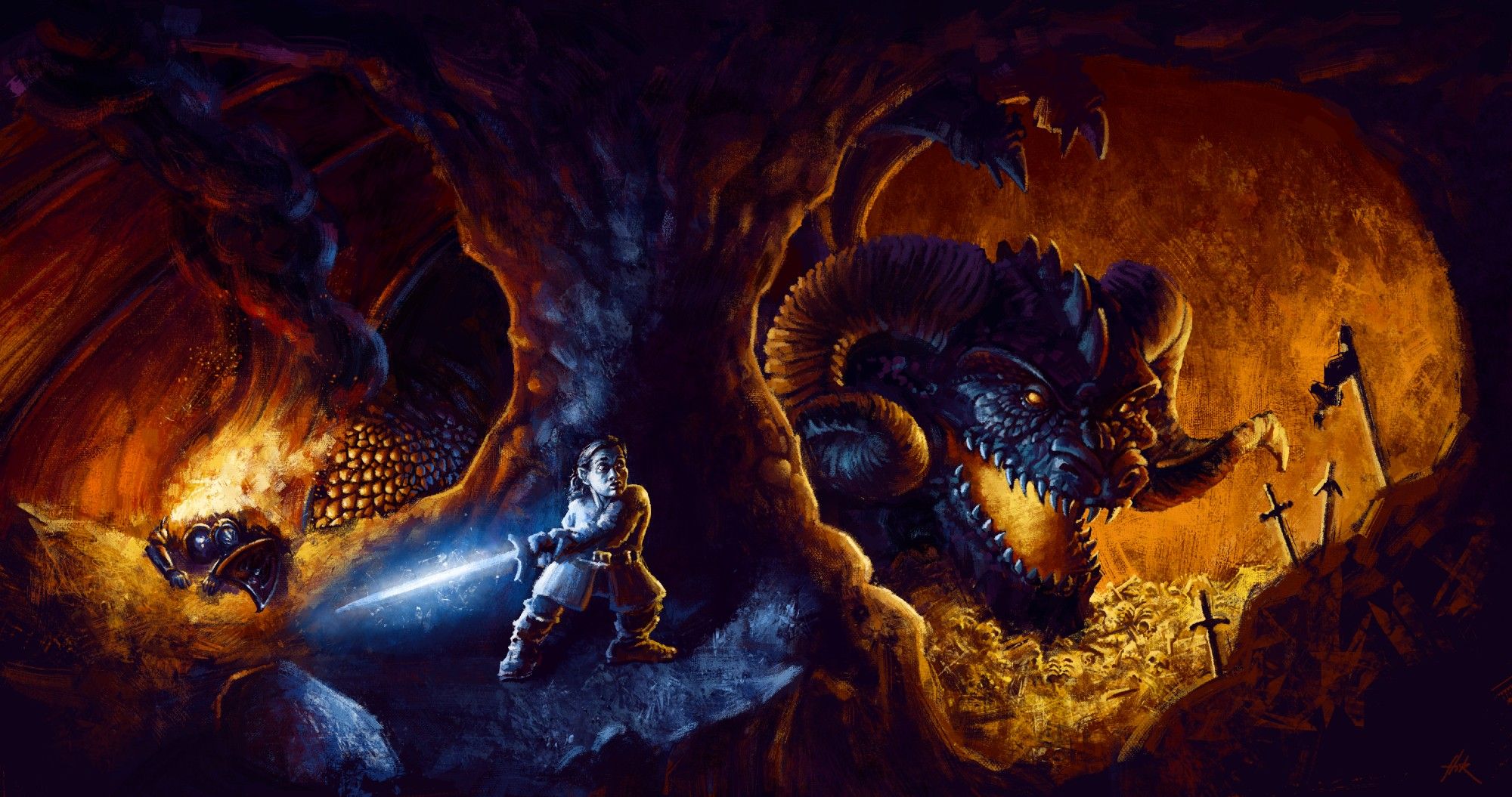 A digital painting of a frightened but courageous squire, holding a glowing magic sword and pushing up against the wall of a cave. In the background, we see a massive, sinister dragon, and the burning remains of the squire's master.