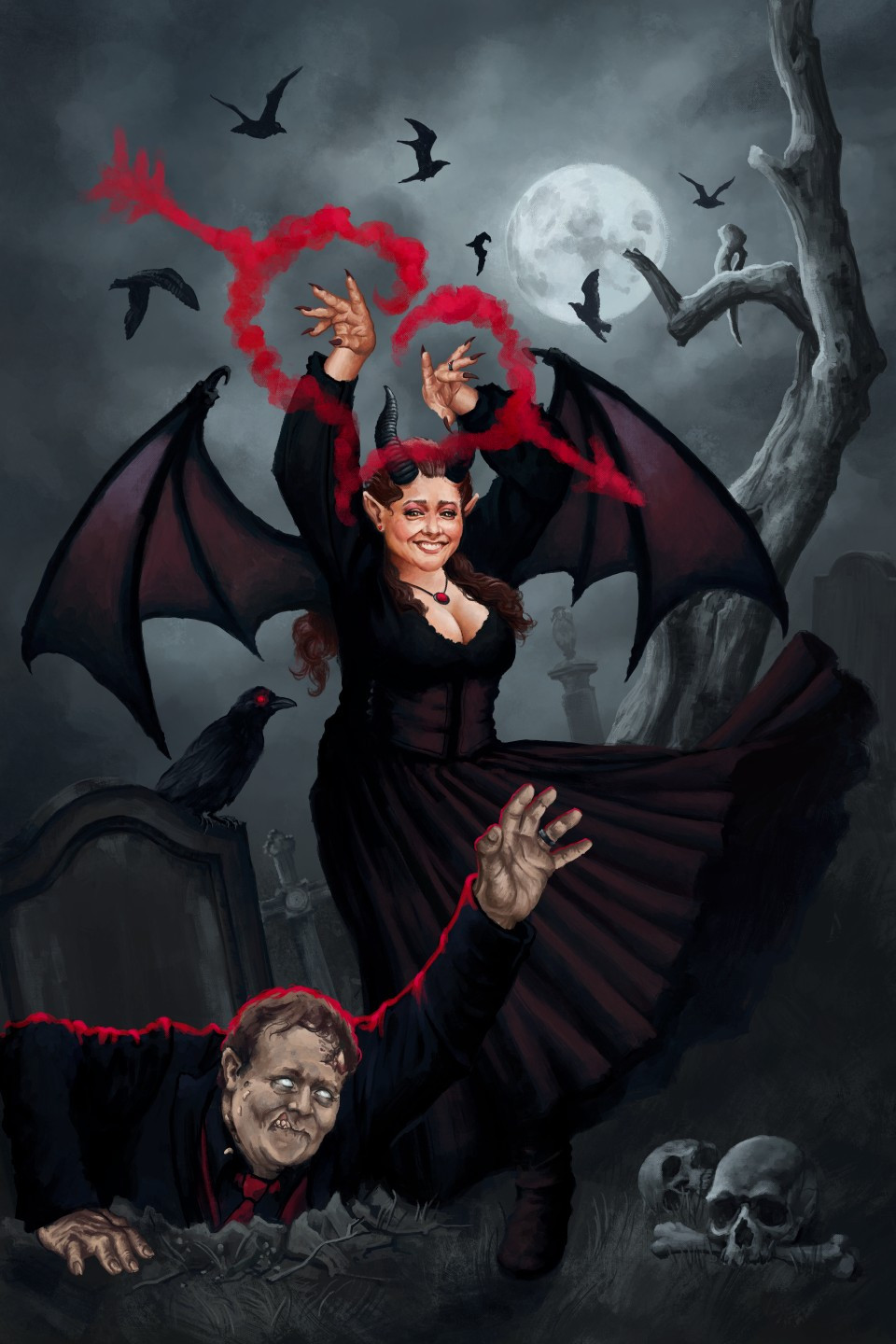 A digital painting of a female necromancer with horns and wings, reanimating a male corpse and making it rise from his grave. Dark ravens fly around in the background, and the full moon casts an eerie glow over the foggy cemetery. The magic effect around the necromancer's hands makes the shape of a heart with an arrow through it.